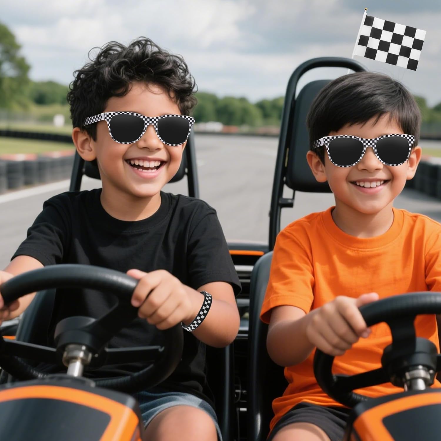 30 Packs Race Car Sunglasses Wristbands Stick Flags for Racing Theme Party Favors Set Race Car Checkered Sunglasses Black and White Silicone Bracelets Flags Set for Kids Racing Birthday Gifts Supplies