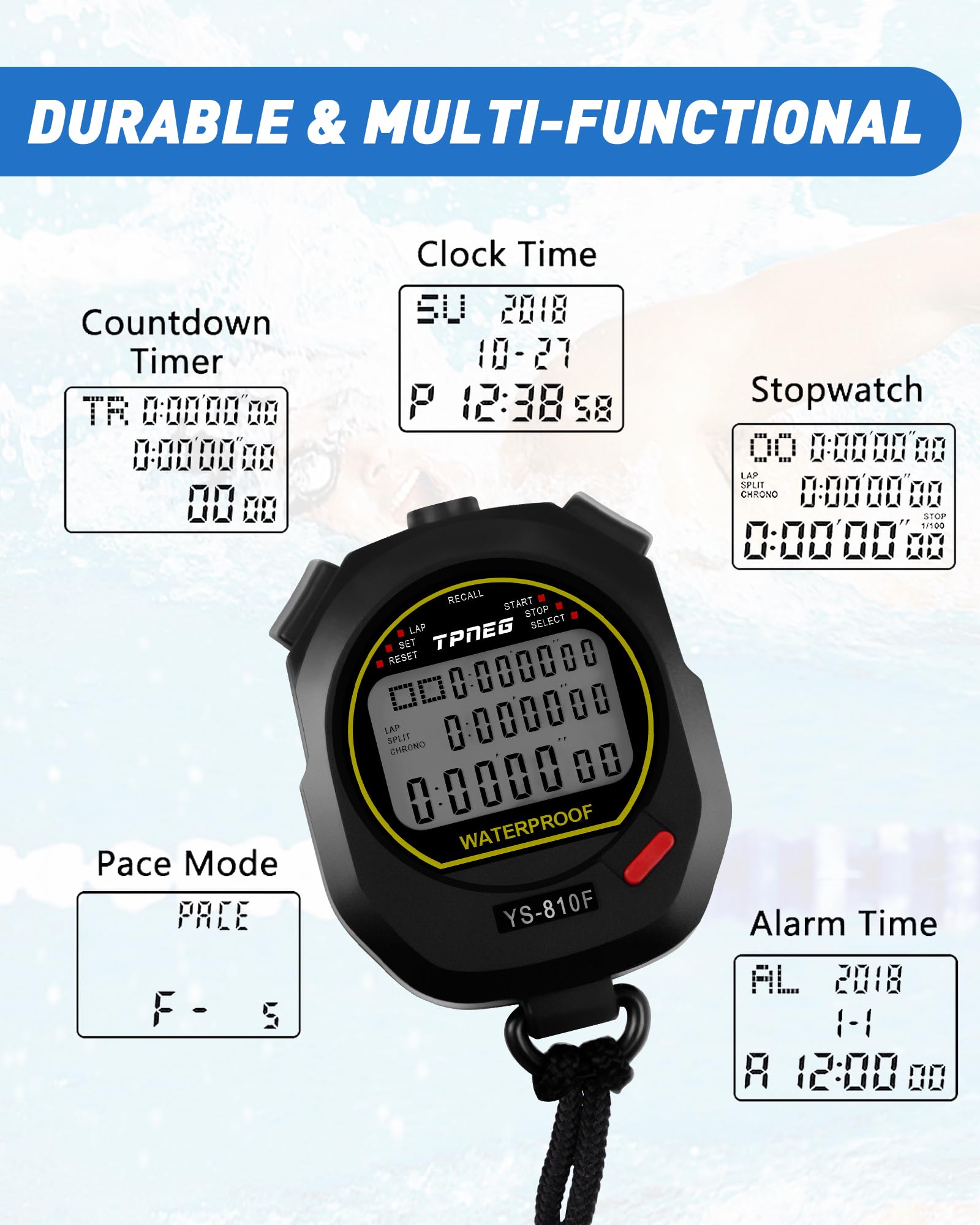 TPNEG Cronometro professionale impermeabile per allenatori: schermo grande a 3 file, memoria a 10 gruppi, modalità ritmo, orologio, sveglia, calendario, perfetto per sport, nuoto, calcio, fitness e