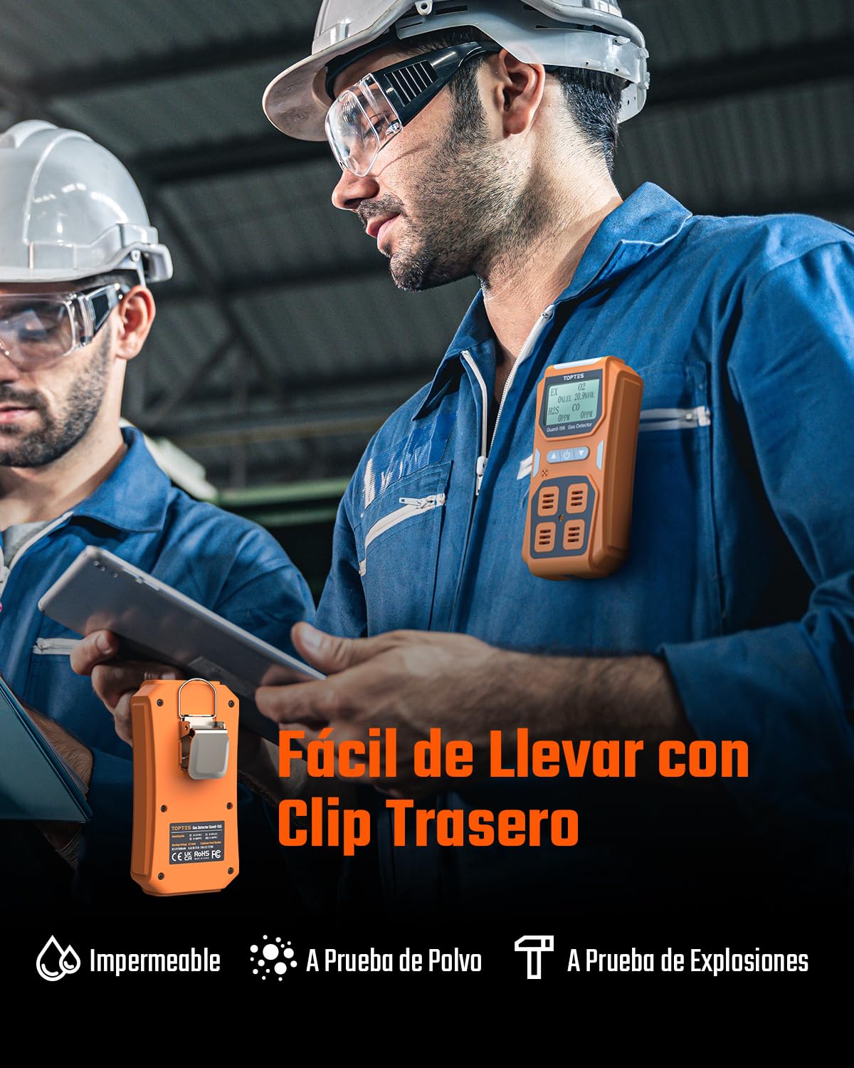 TopTes Guard-156 Detector 4 en 1 para H2S, CO, LEL y O2, Triple Alarma (Visual, vibración, Sonido), Respuesta rápida 0,5 s, diseño Antipolvo para Seguridad en Trabajo y hogar