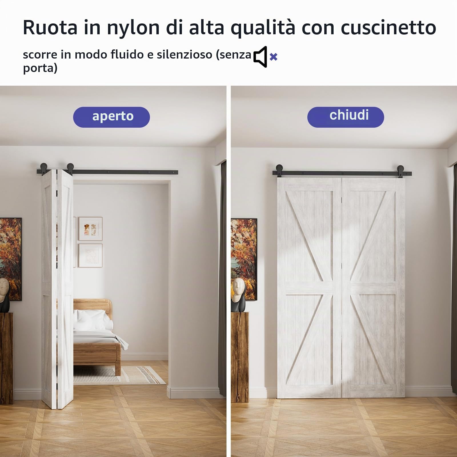 107cm/3.5FT Binario per Porta Scorrevole Bifold Kit Porta Scorrevole Nera per 2 Porte Scorrevoli Interno Esterno Muro 51cm Larga T Ruote