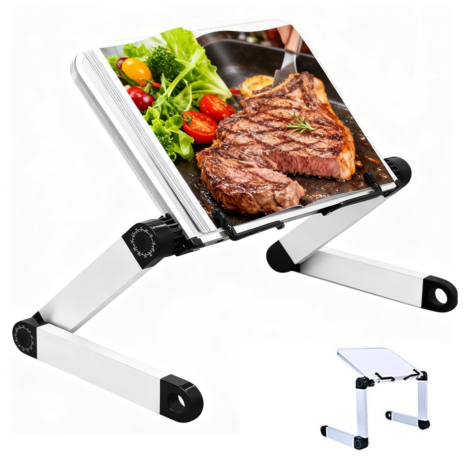 Leggio Libri -Altezza e angolo regolabili supporto per libri, Reggilibri per la Lettura con bracci in alluminio e clip per raccoglitori, leggio libro per Big Hard HardCover, ricetta e laptop iPad