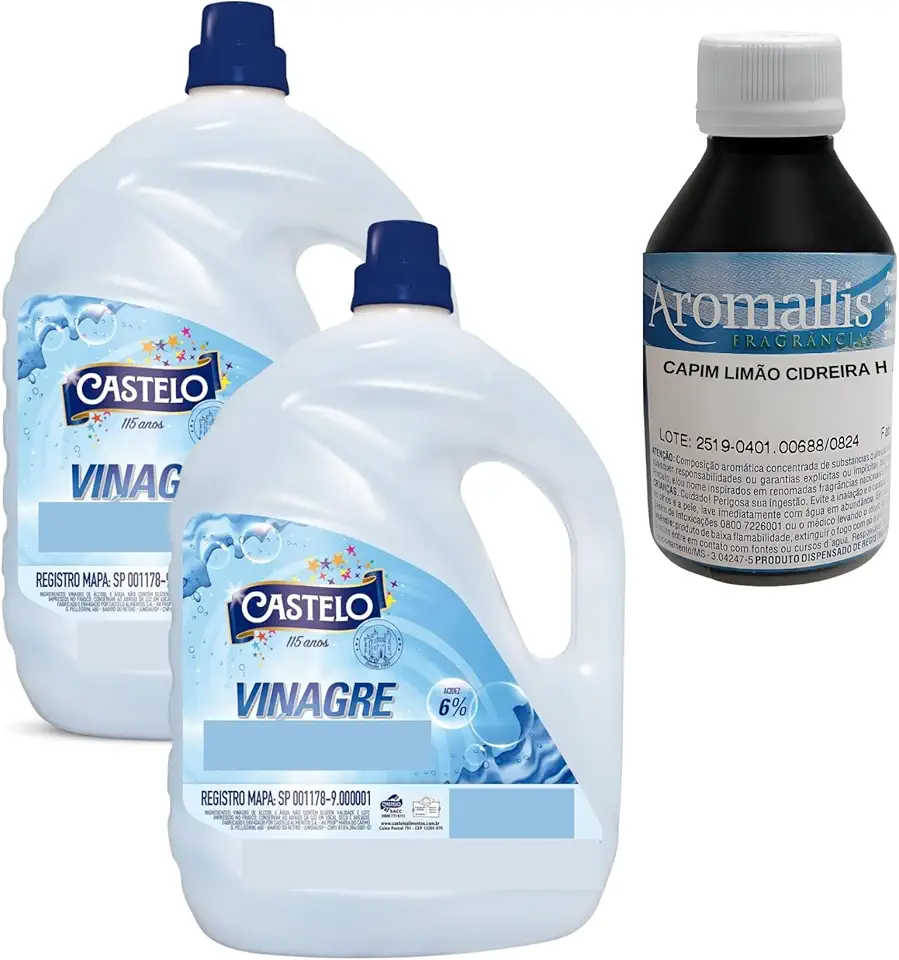 Kit Vinagre 10L (2x5L) para Lavar Roupas + Essência Hidrossolúvel 100ml – Amacia e Perfuma as Roupas (Capim Limão)