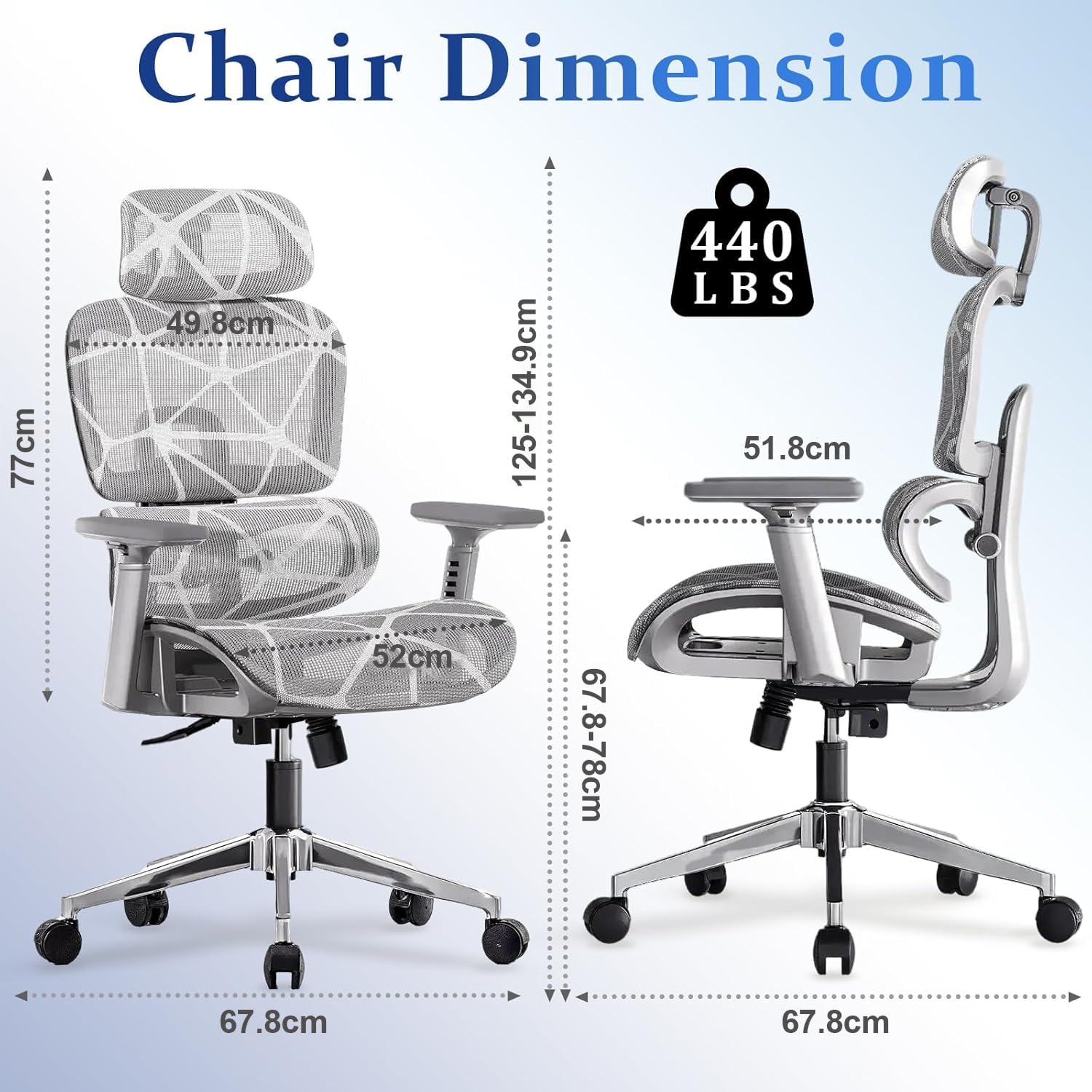 Ergonomischer Bürostuhl,Hochlehniger Gaming-Stuh,3D-Armlehnen und verstellbarem Kopfstütze,Komfortabler Computer-Schreibtischstuhl mit Kippfunktion fürs Home-Office(Grau)