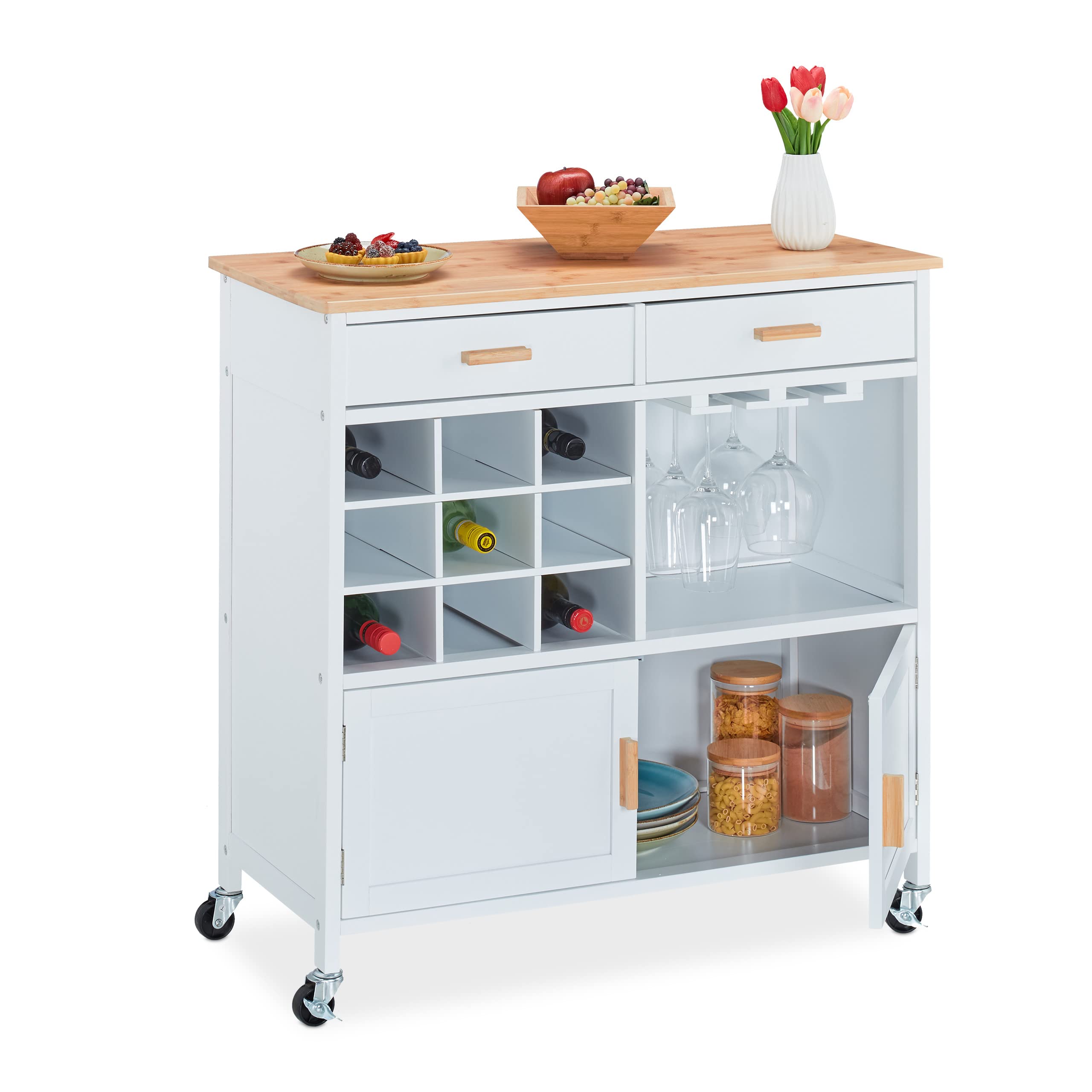 Relaxdays Carrello da Cucina, 2 Cassetti, Vano, Scomparti Calici e Vino, 88,5x86x41 cm, Piano di Lavoro, Bianco/Naturale