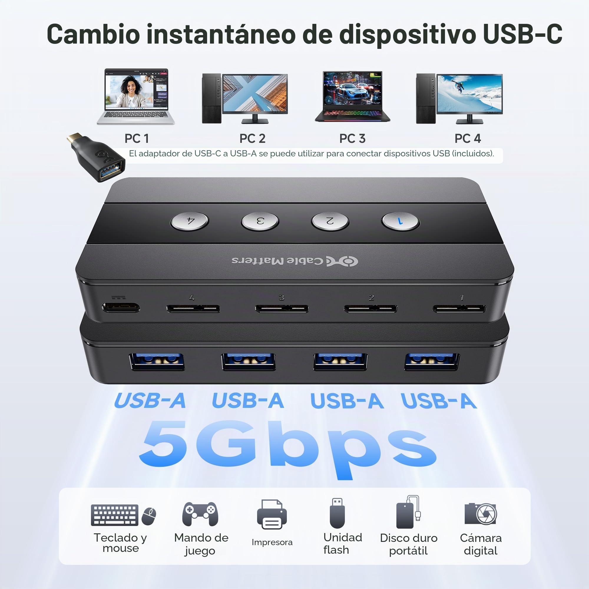 Cable Matters Conmutador USB 3.0 de 4 Puertos para 4 PC y periféricos USB (Switch USB 3.0) - Conmutación por botón o Mando a Distancia - Incluye Adaptador USB-C para USB-C y Thunderbolt 3