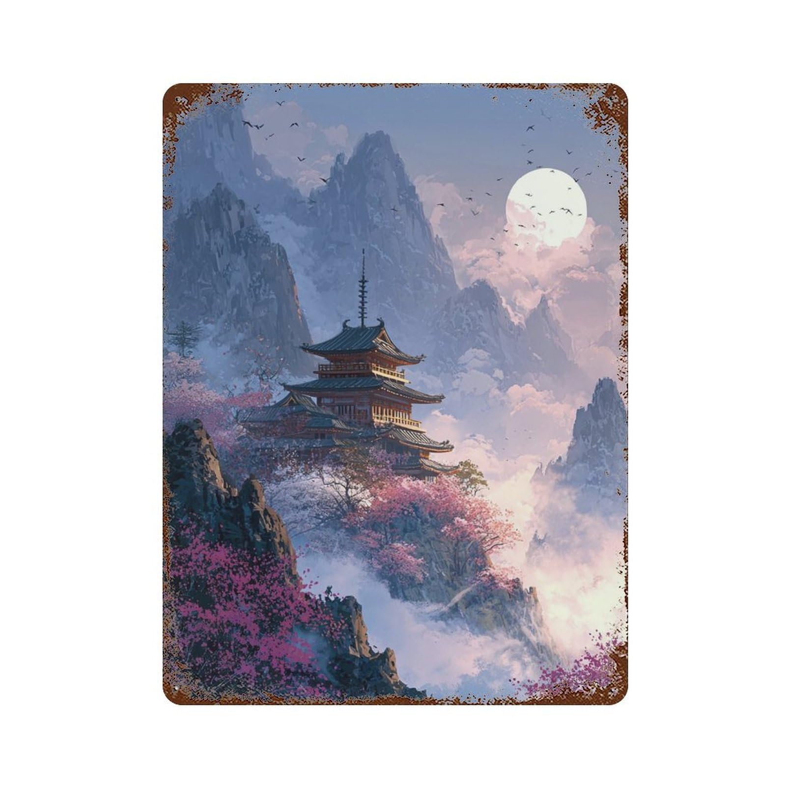 Garage Style Cherry Blossom Pagoda Moonlit Landscape -1 Rust Effect Tin Sign 15.7"x11.8", Shabby Chic Decor for Bar And Workshop