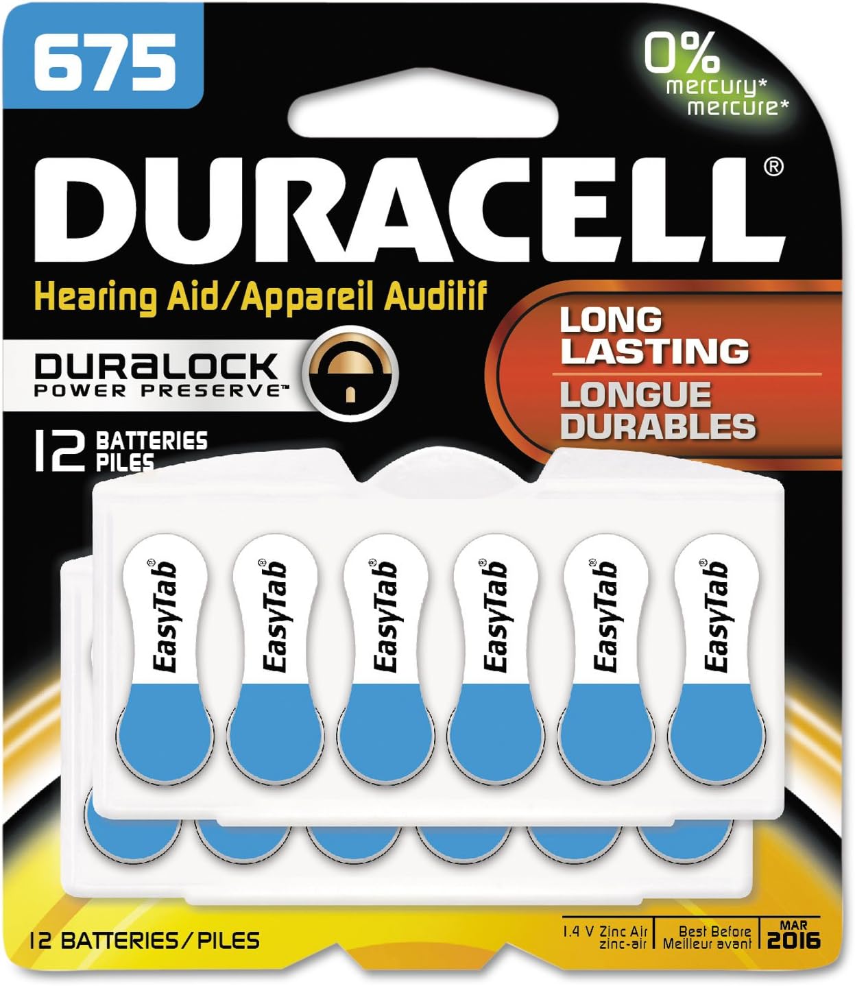 Hearing Aid Batteries Blue Size 675, 12 Count Pack, 675A Size Hearing Aid Battery with Long-lasting Power, Extra-Long EasyTab Install for Hearing Aid Devices