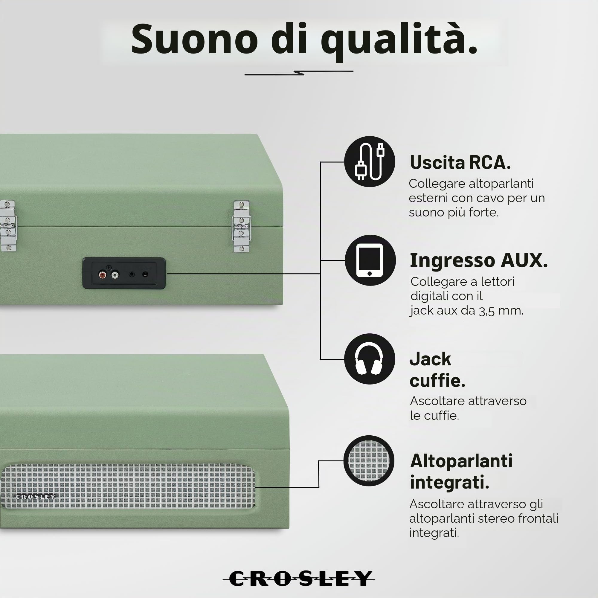 Crosley Voyager Giradischi con 2 altoparlanti, Bluetooth In & Out e AUX - Giradischi Vintage a 3 velocità - Per vinili da 7", 10" e 12" - Portatile con custodia integrata - Sage