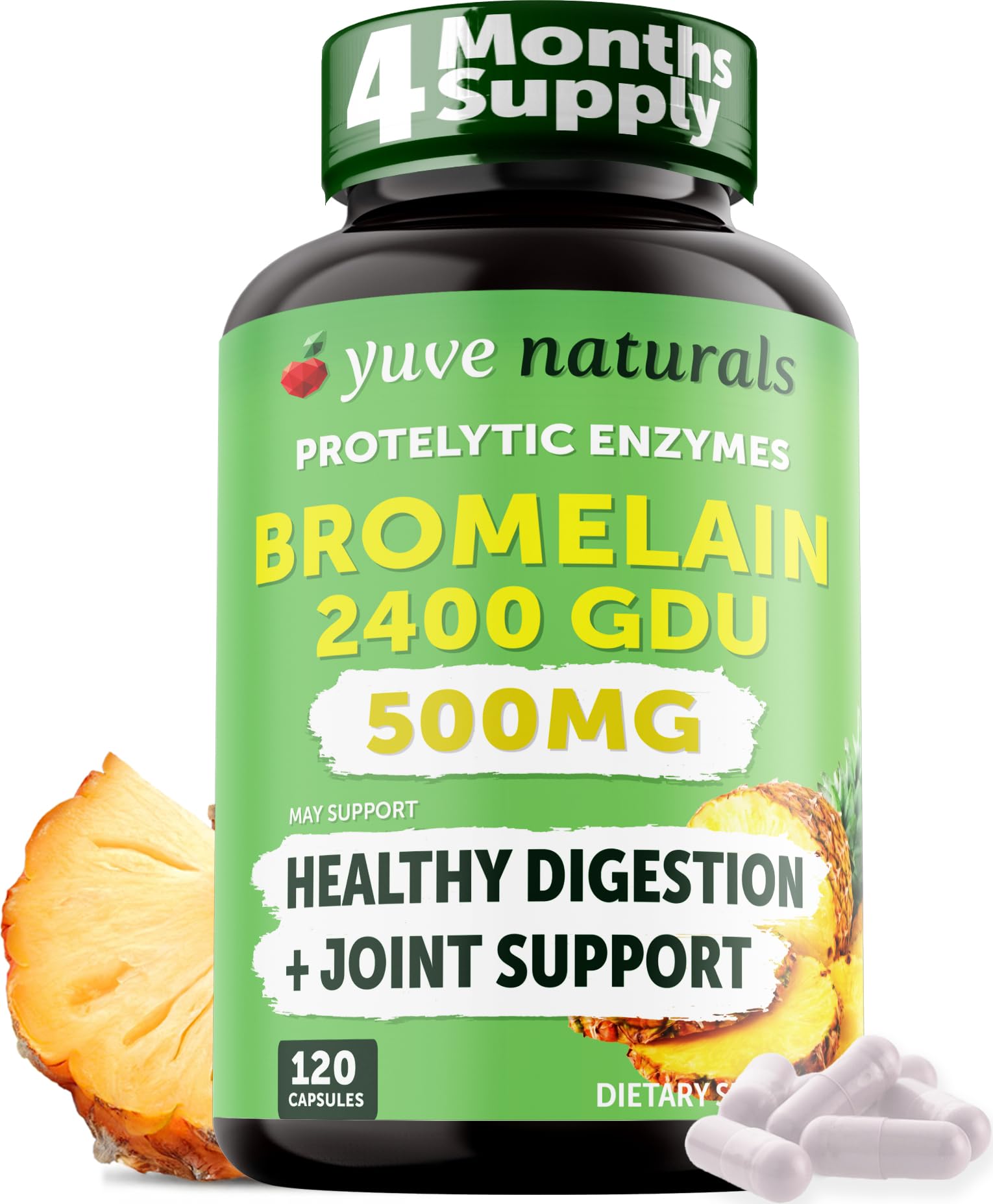 High Potency Bromelain 500mg 2400GDU Digestive Enzymes - Gut & Joint Health from Pineapple - Helps Digesting Proteins - Plant-Based, Non-GMO, 3rd Party Tested - 120 Capsules