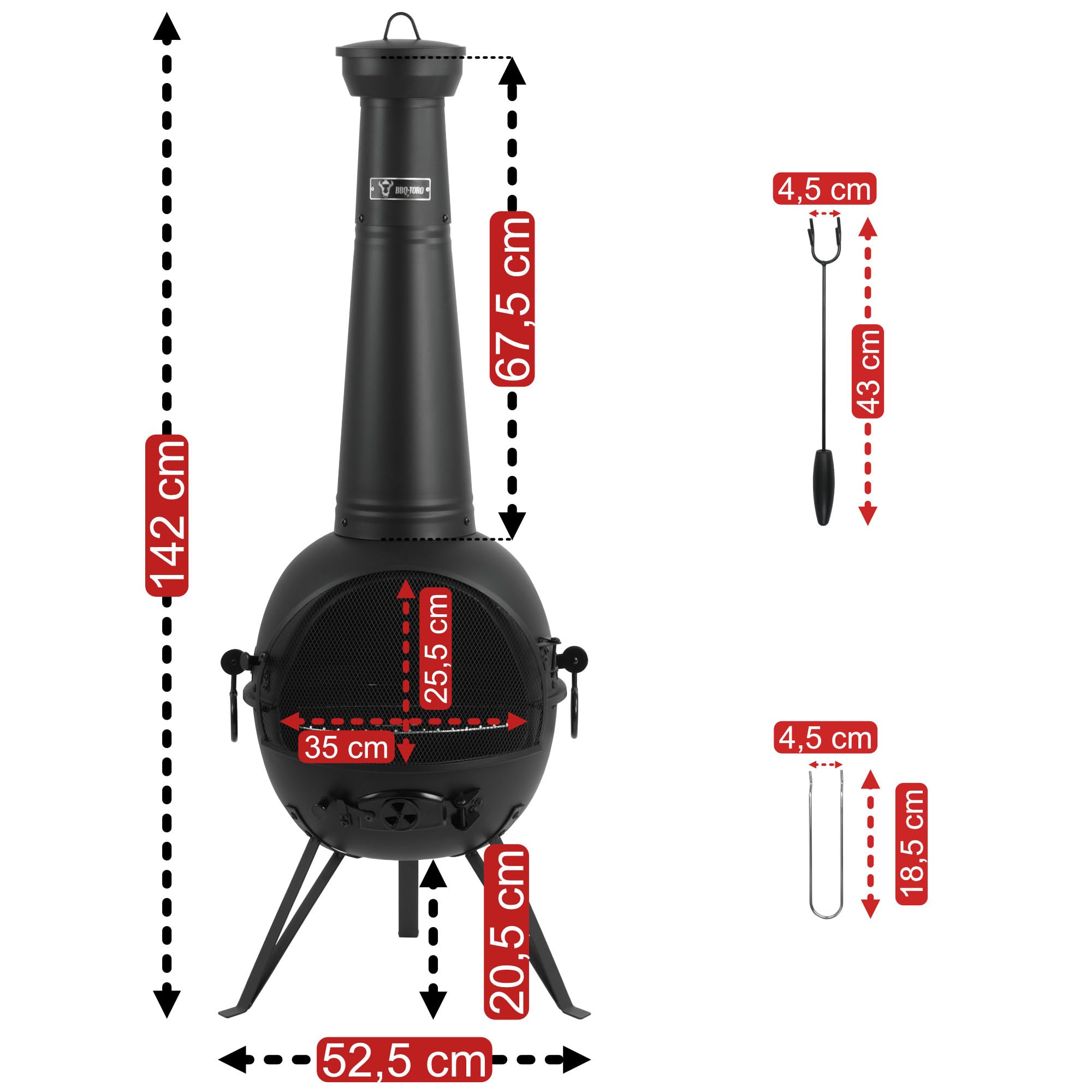 BBQ-Toro Terrassenofen mit Grillrost, Grillrostheber und Schürhaken | 52,5 x 53,5 x 142 cm | Stahl Gartenkamin, Outdoor Gartenofen, Feuerkorb | Holzofen Wärmequelle, Feuerstelle mit 3 Standfüßen