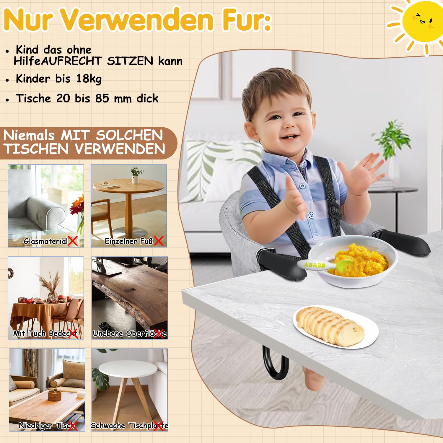 Daromigo Tischsitz Faltbar, Essstuhl, Tragbarer Hochstuhl, Sitzerhöhung für Baby, Mit Ablagetasche, Belastbar bis 18 kg, Für Zuhause und Unterwegs, Grau