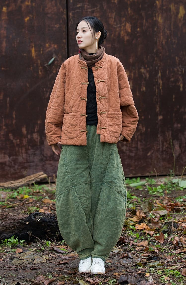 Women's Kimono Jacket Cotton Linen Quilted Coat Chinese Toggle Closure Winter Short Top - Image 3