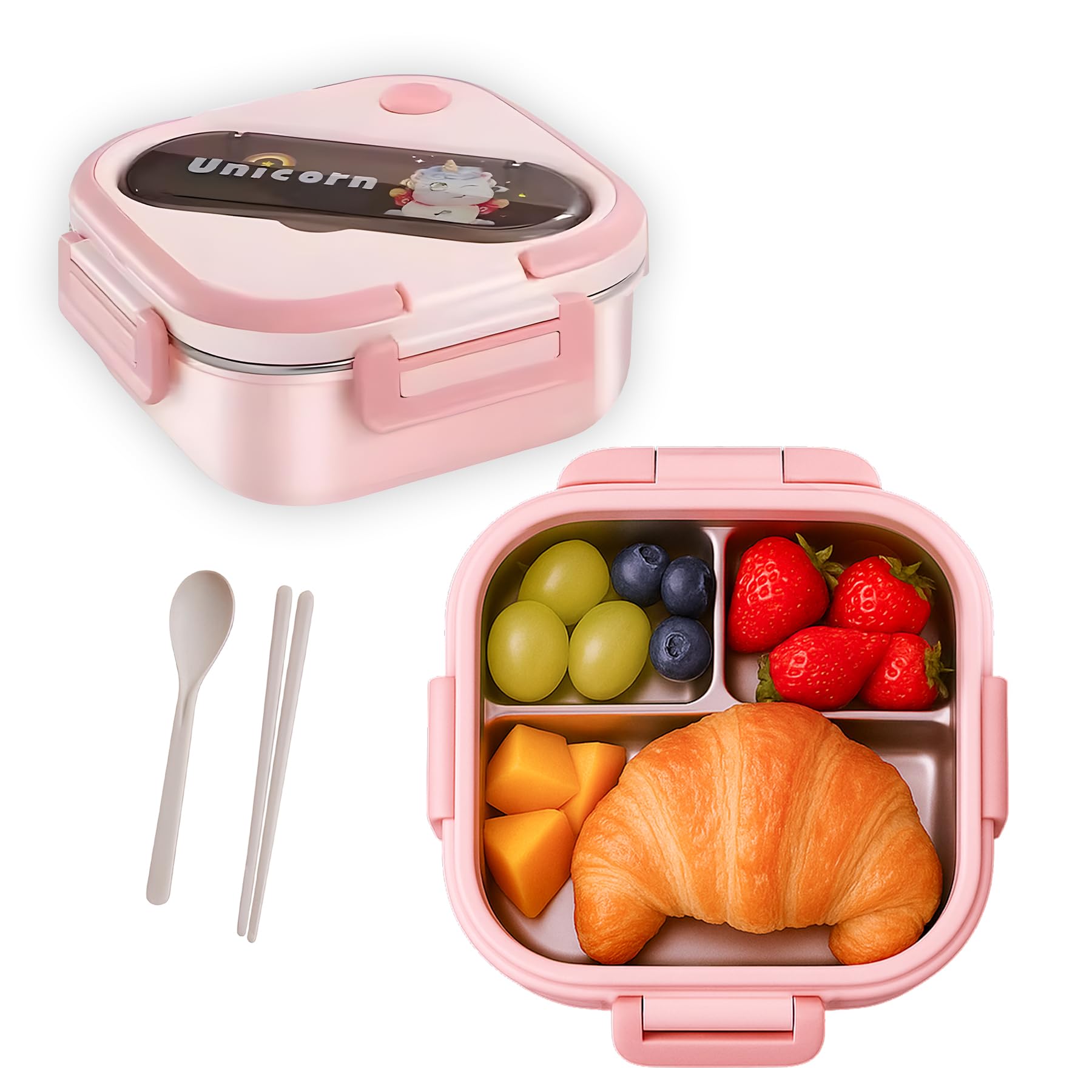 OneLine Lunch Box for Kids, Tiffan Bento BOX Stainless Steel 3 Compartment for school nursery (Pink, 3 Compartment)