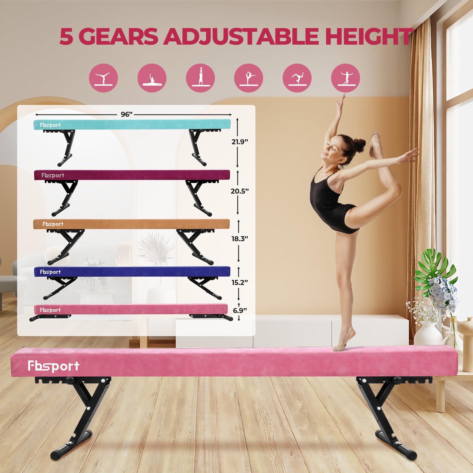 trave ginnastica artistica per casa Regolabile 244CM, 5 altezza regolabiletrave ginnastica trave di equilibrio ginnastica ad alto e basso livello Fascia da pavimento Altamente stabile per bambini