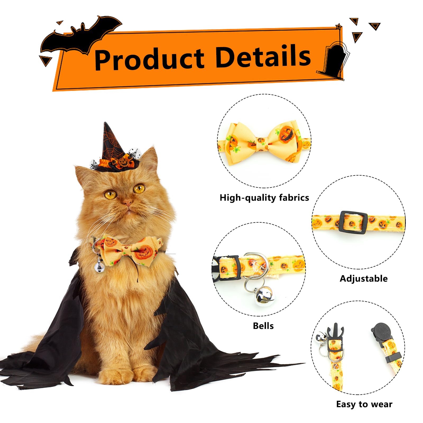 Fantasyon 2 Pack Detachable Halloween Cat Collar with Bells & Bows & Breakaway Feature, Black + Yellow, Animal Print - Image 3