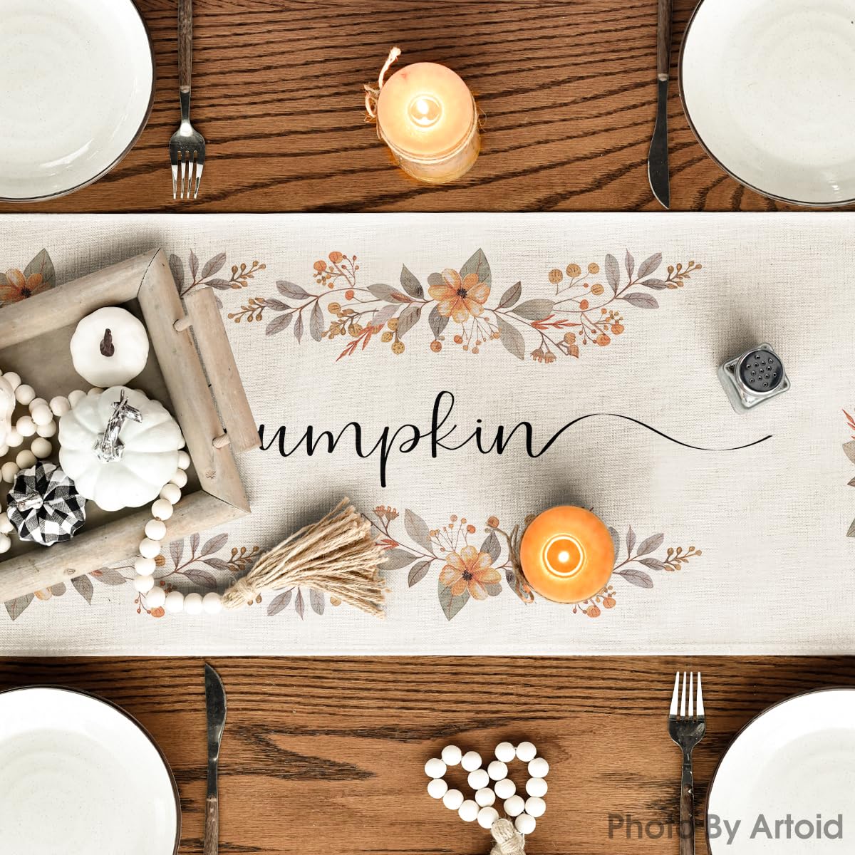 Artoid Mode Citrouille Champignons Maison D'oiseaux Feuilles Chemin De Table Automne Récolte Vintage Maison De Ferme Table à Manger Décoration 40 X 140 Cm