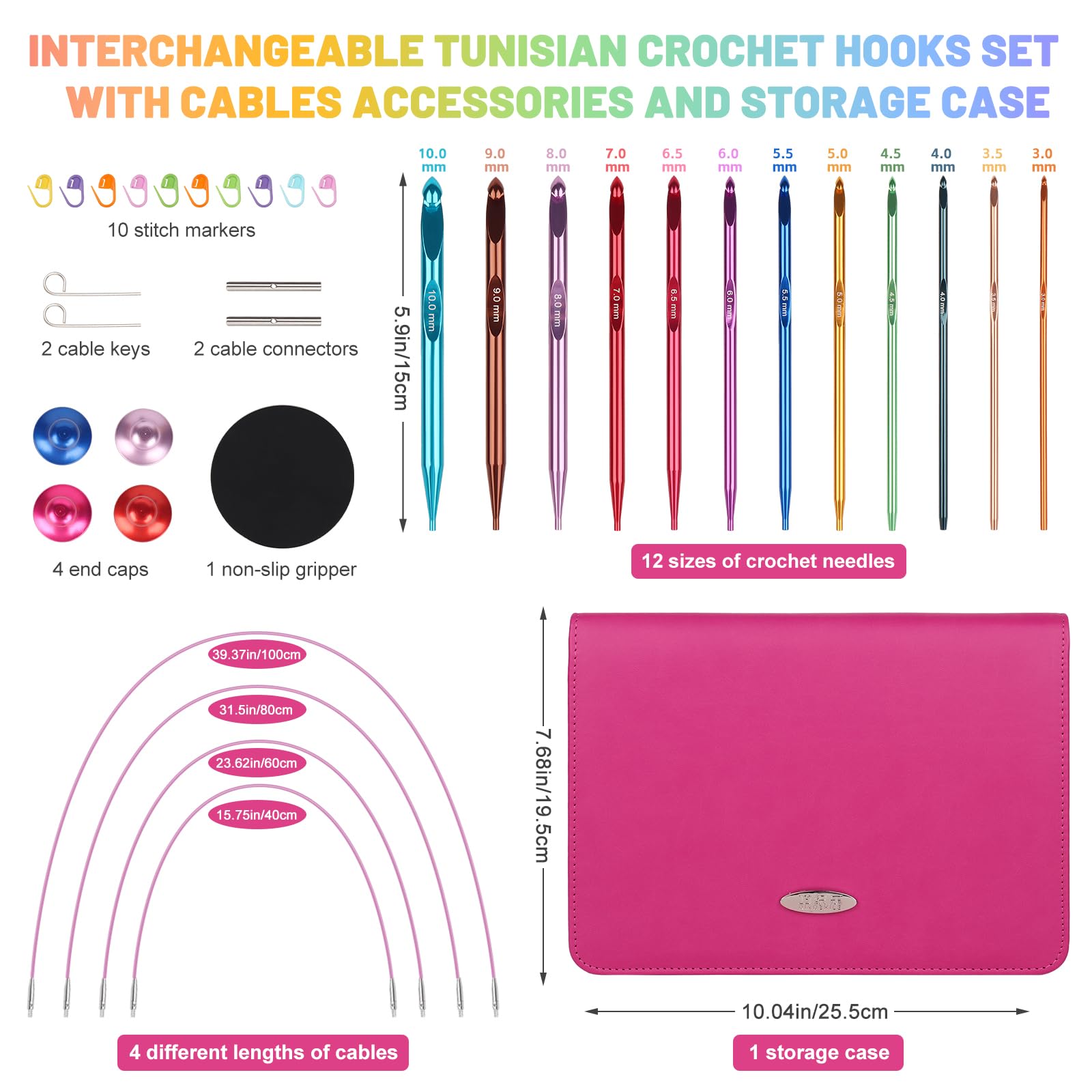 Aeelike Set di uncinetti tunisini intercambiabili, in alluminio, con cavi, 12 misure da 3 a 10 mm, extra lunghi, intercambiabili, per coperte afgane, set di uncinetti tunisini