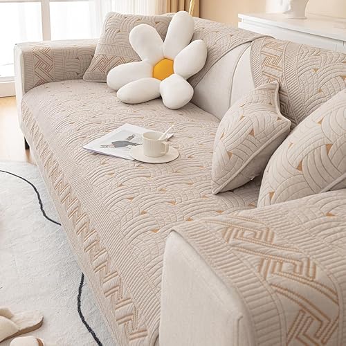 Miniatura 5 de vctops Funda acolchada de algodón de color liso para sofá, con patrón de tejido suave, funda de sofá modular con bordado antideslizante para perros,