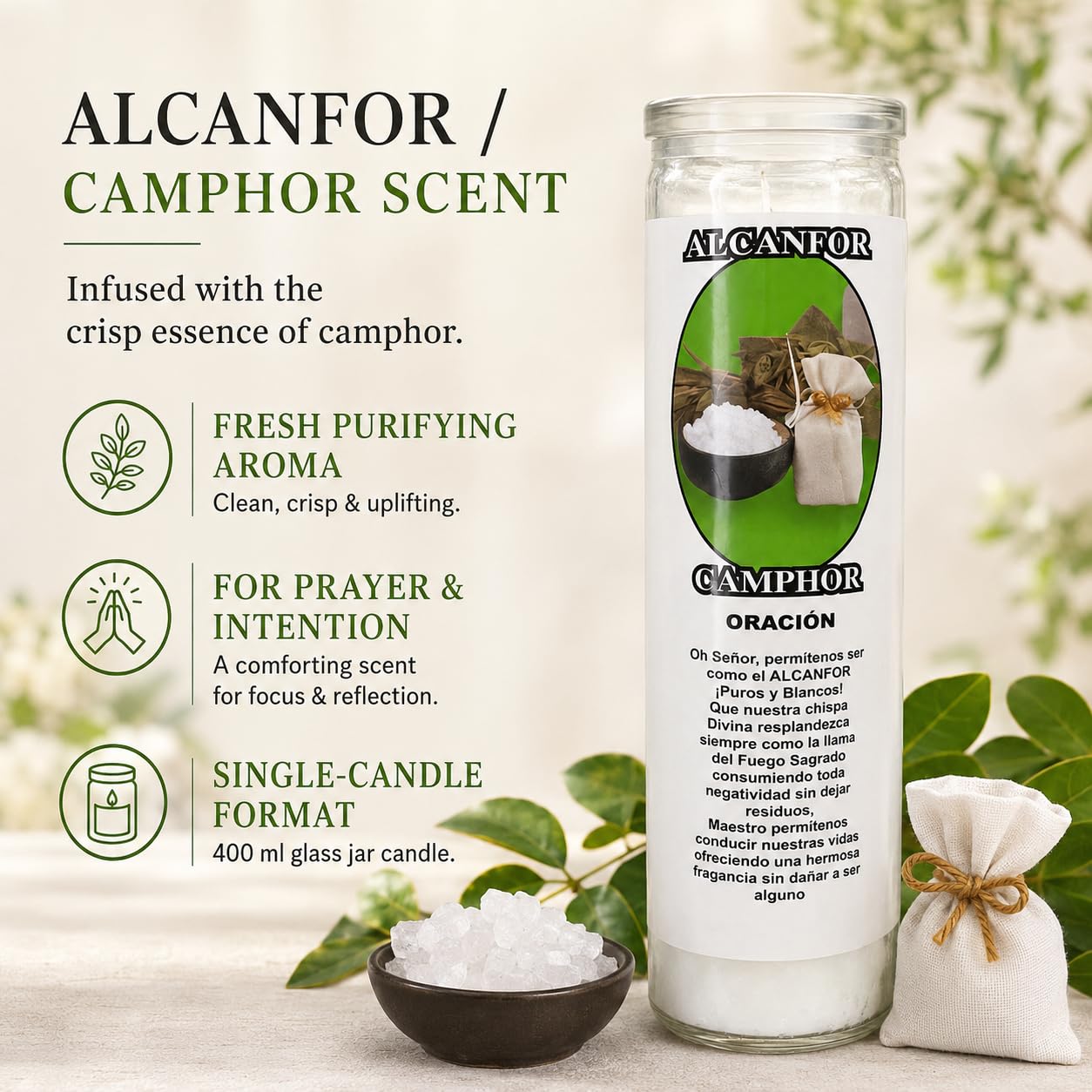 Velas devocionales aromáticas blancas de alcanfor / Alcanfor de 90 horas y 7 días, tarros de vidrio Veladoras, velas perfumadas blancas, novena de purificación espiritual, altar hispano