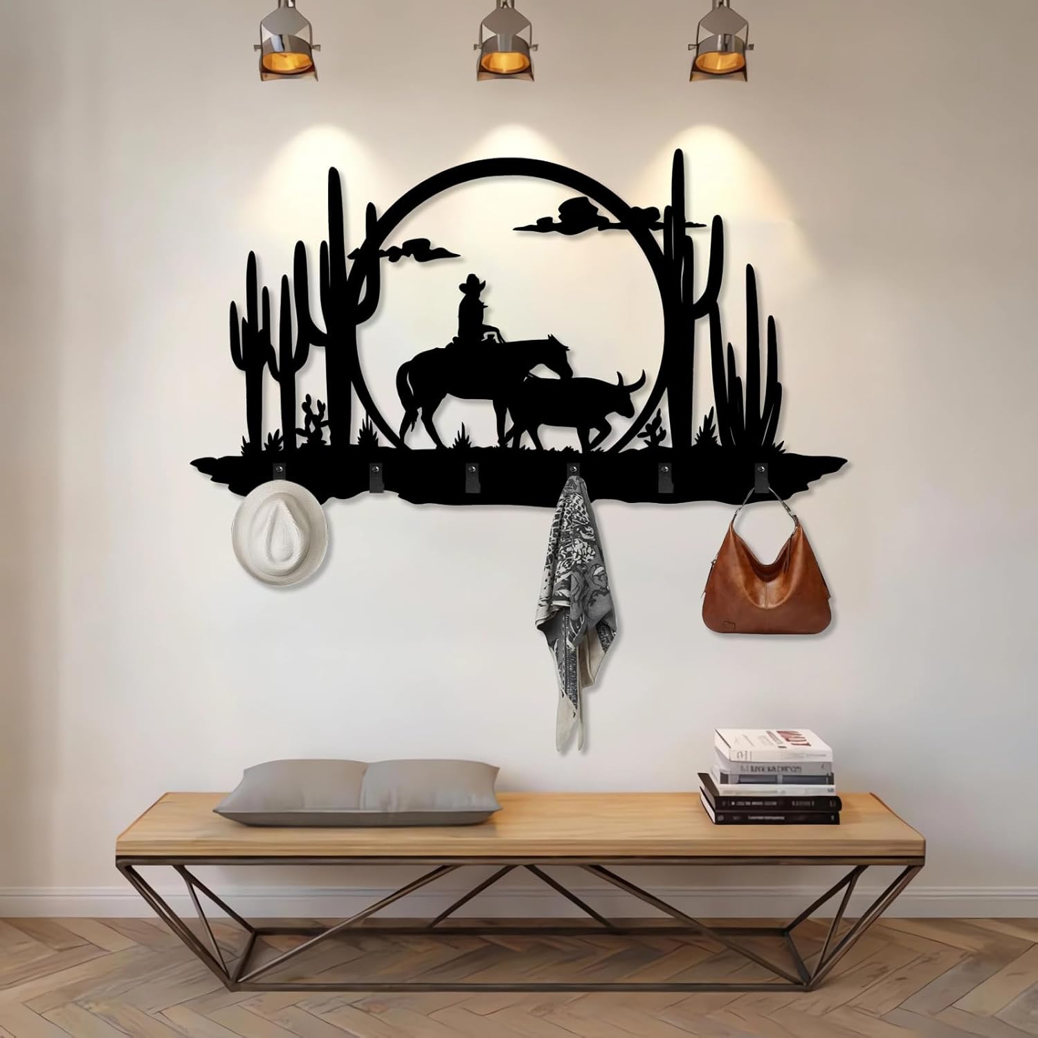 Cowboy Scene and Horse Coat Rack, Wild West Wall Mounted, Rustic Western Cowboy Metal Coat Rack, Cowboy Metal Wall Hanging, Wild West Home Decor (Gold, 13"x24"|33x60cm)