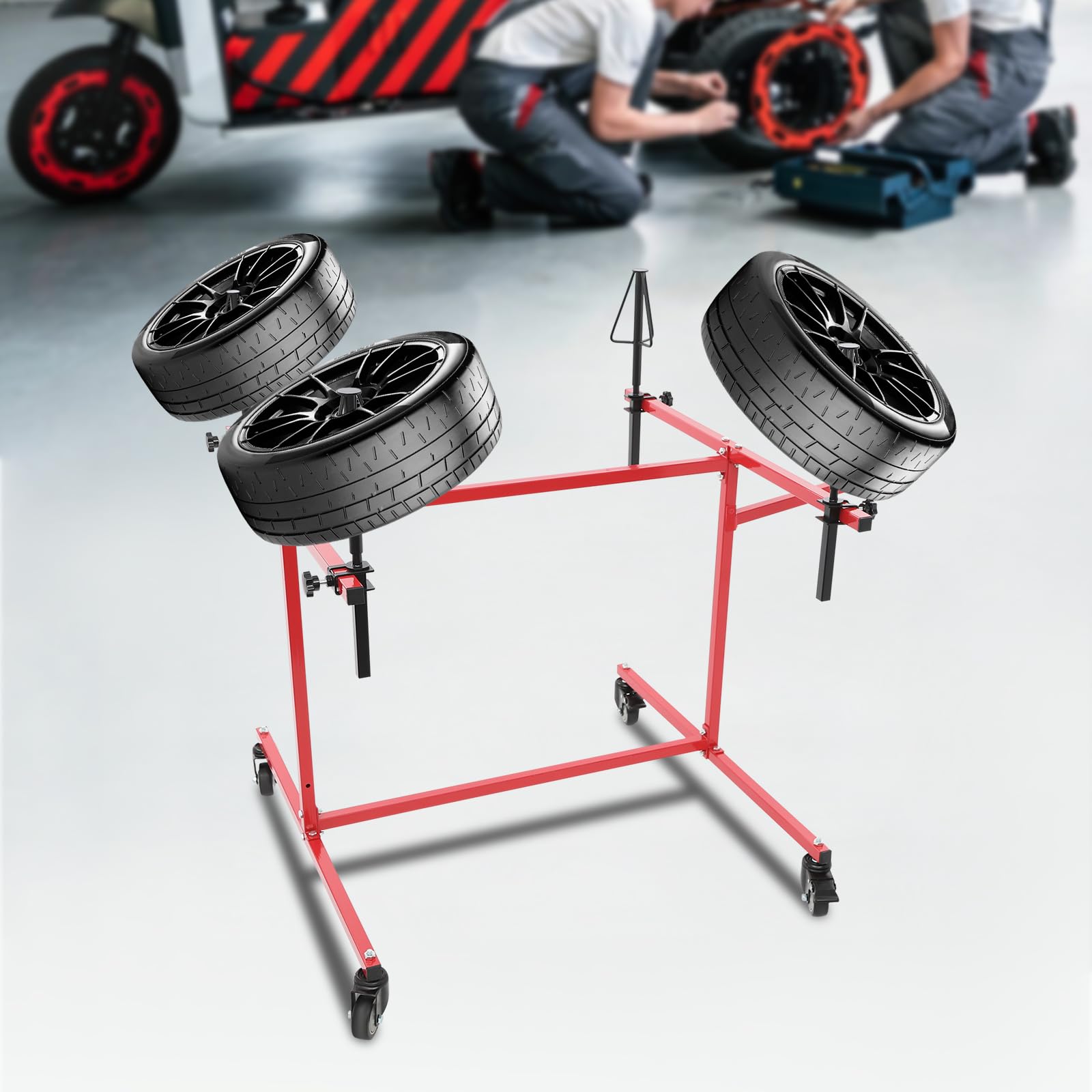 Felgenlackierständer Fahrbarer | Felgenlackierbock | 360° Drehbarer Lackierständer auf Rädern | Lackierständer für 4 Felgen zum Reparieren, Vorbereiten, Lackieren von Felgen und Karosserieteilen (Rot)