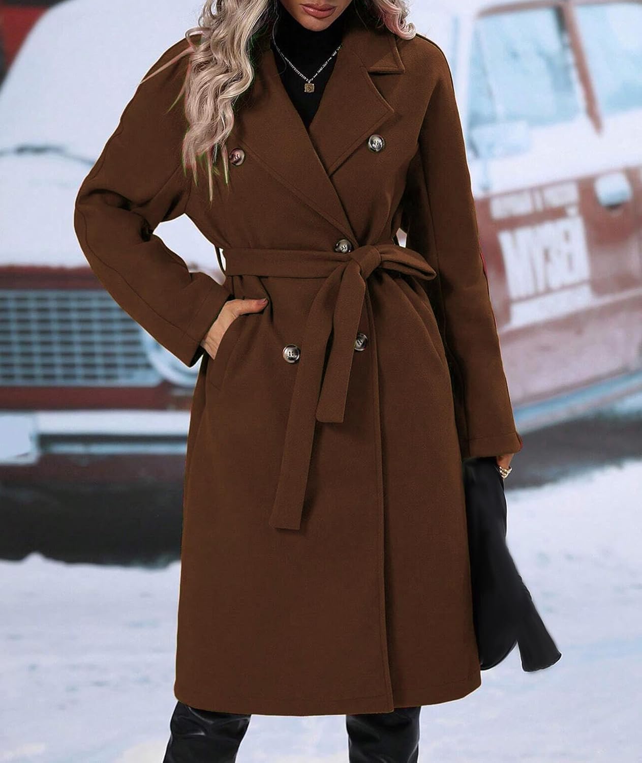 Sexyshine Women's Winter Double Breasted Trench Coat Notch Lapel Long Wool Pea Coat A Line Warm Overcoat with Belt - Image 4