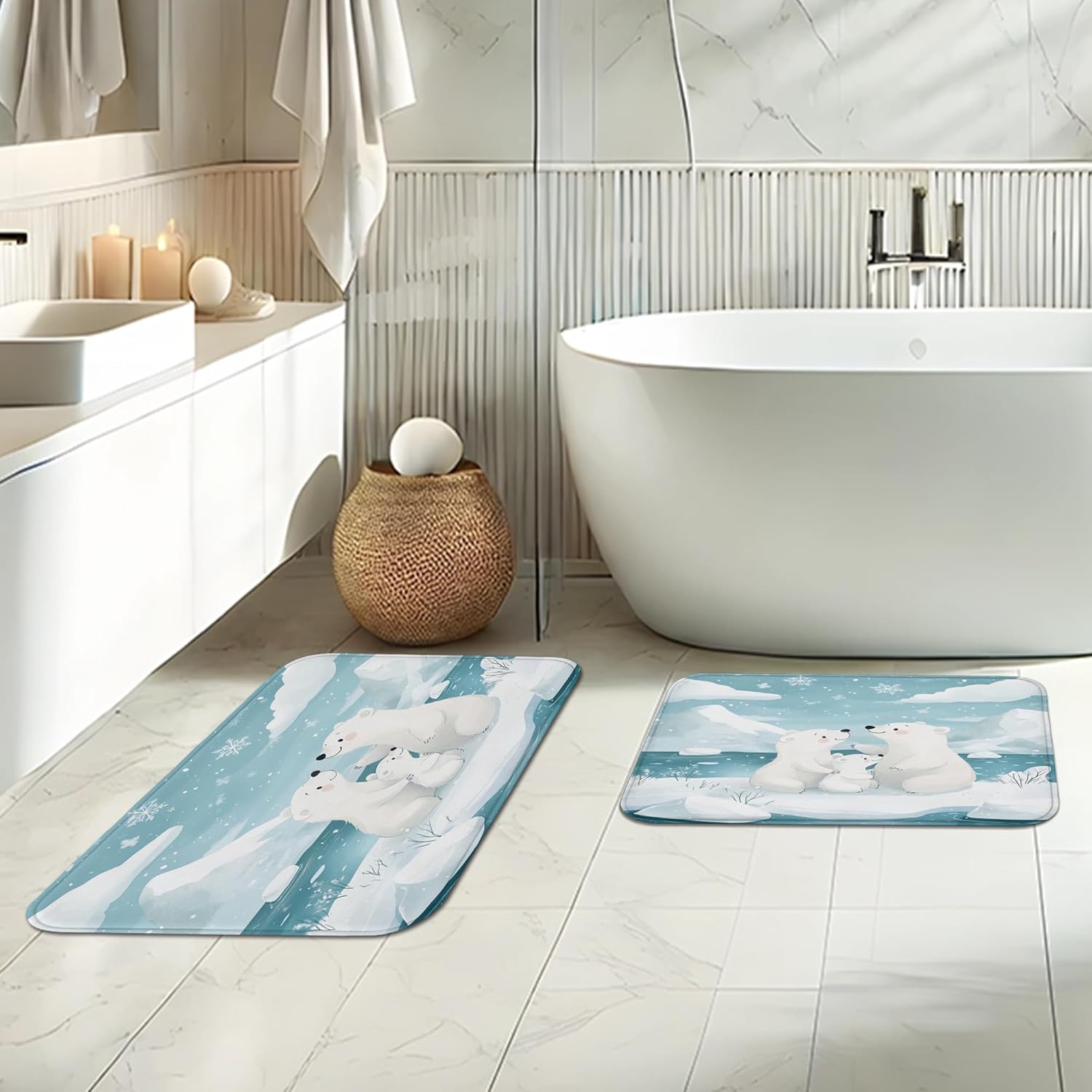 3PCS Winter Snow Polar Bear Family Bathroom Accessory Set with Two Non-Slip Washable Bath Rugs (16x24&20x32), Fun Cartoon Animal Bathroom Mat Decorative-72''x72'''