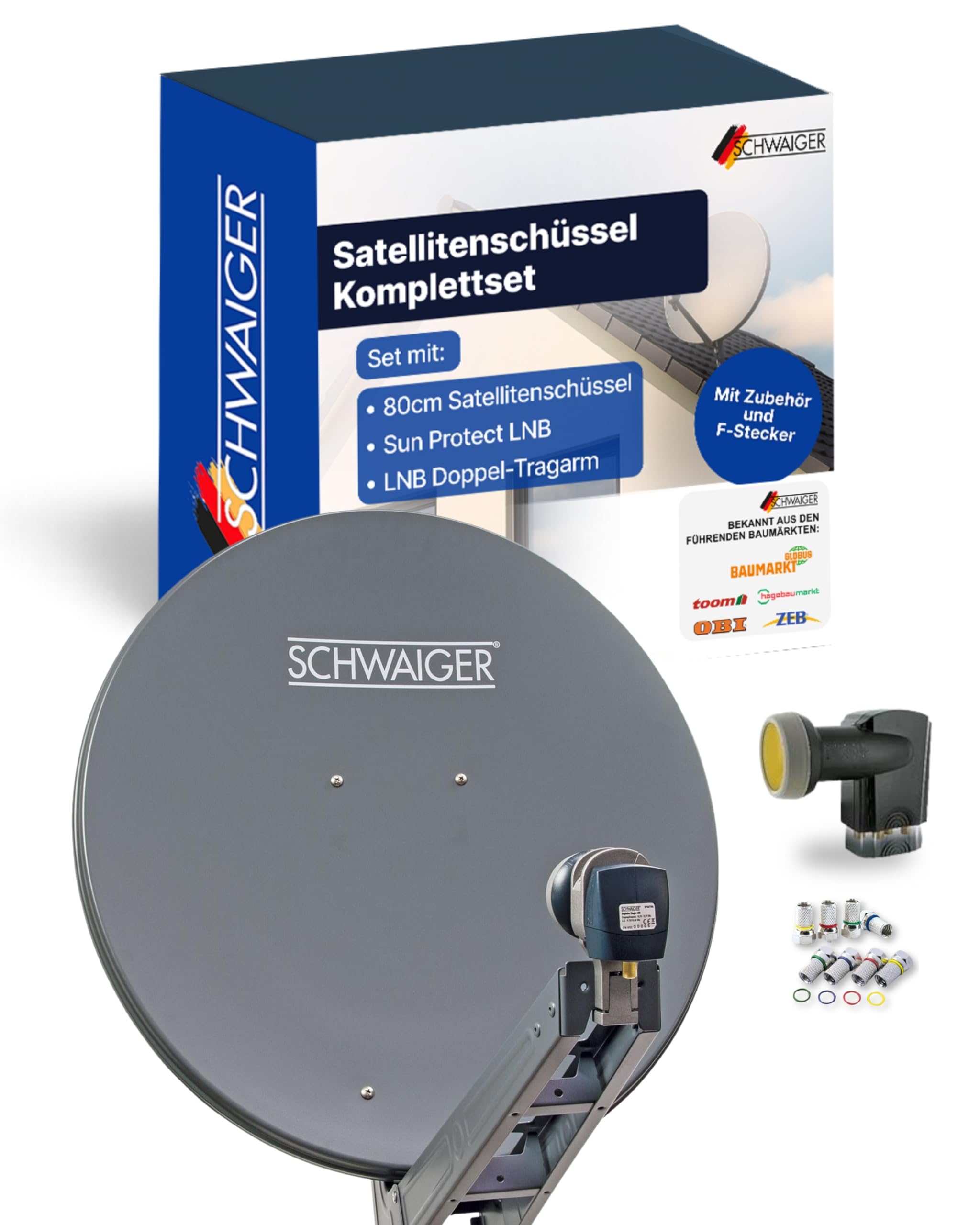 SCHWAIGER Satellitenschüssel Komplettset 80 cm Aluminium Offset Antenne Anthrazit Quad LNB 4-Fach Digital HD 4K Empfang wetterfest