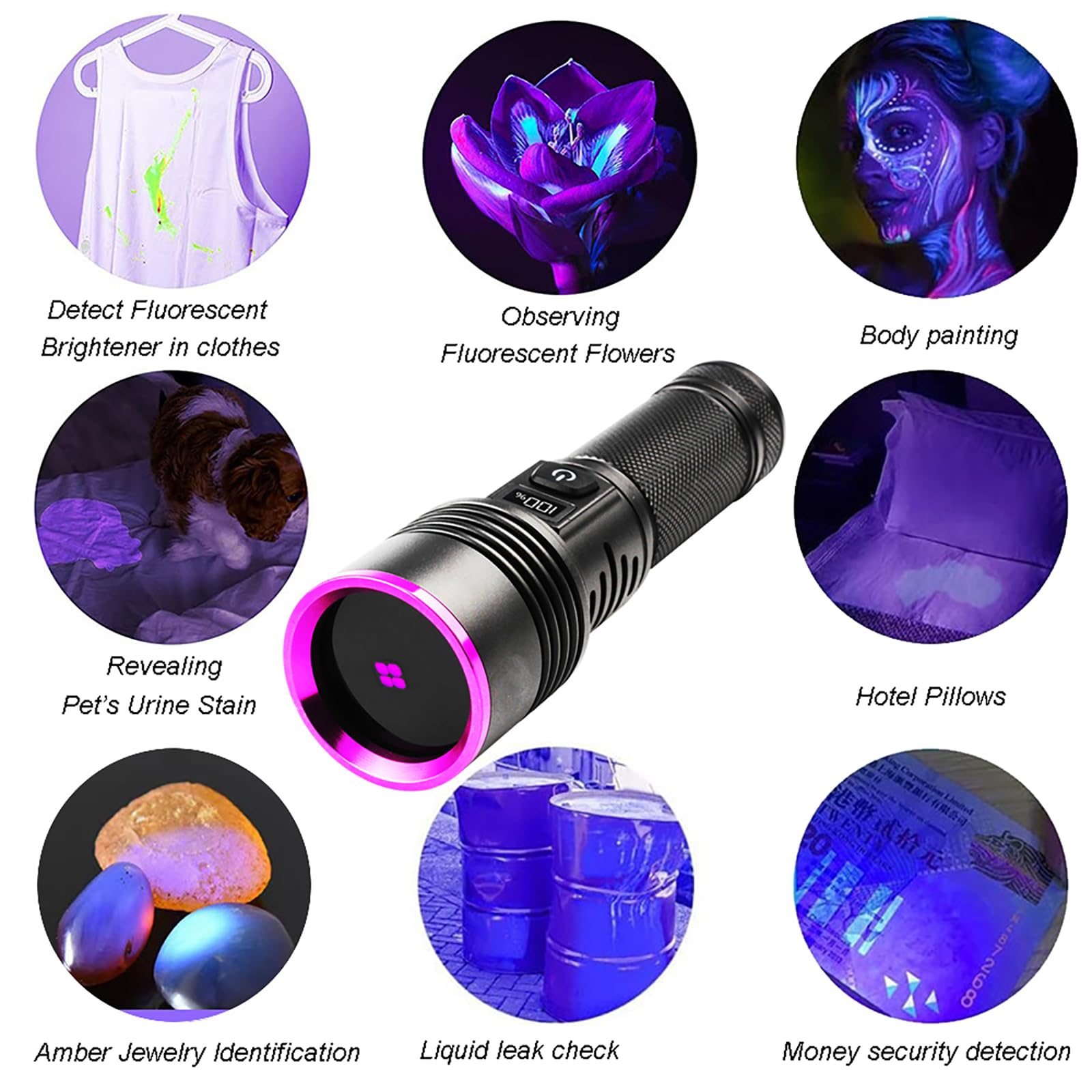 Linterna UV de 30 W, 7000 mAh de alta potencia de 365 nm, luz UV, 4 núcleos LED recargable por USB, linterna de luz negra para perro, orina de gato, manchas secas, fugas de CA, vidrio de uranio