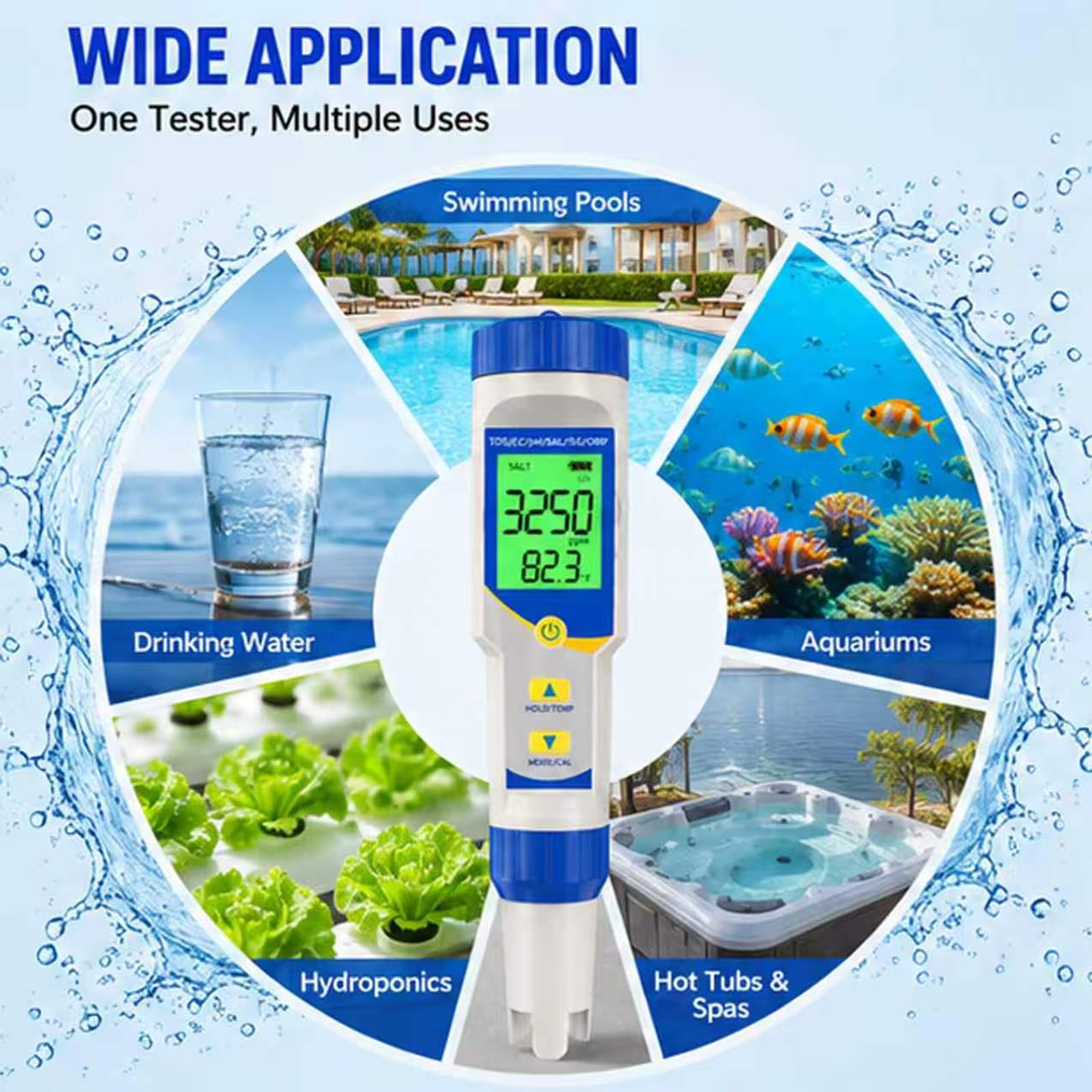 Tester di sale per piscine con misuratore di sale pH ORP, kit digitale per test della salinità dell'acqua ad alta precisione, misuratore di cloro e termometro di lettura, per piscine di acqua salata S