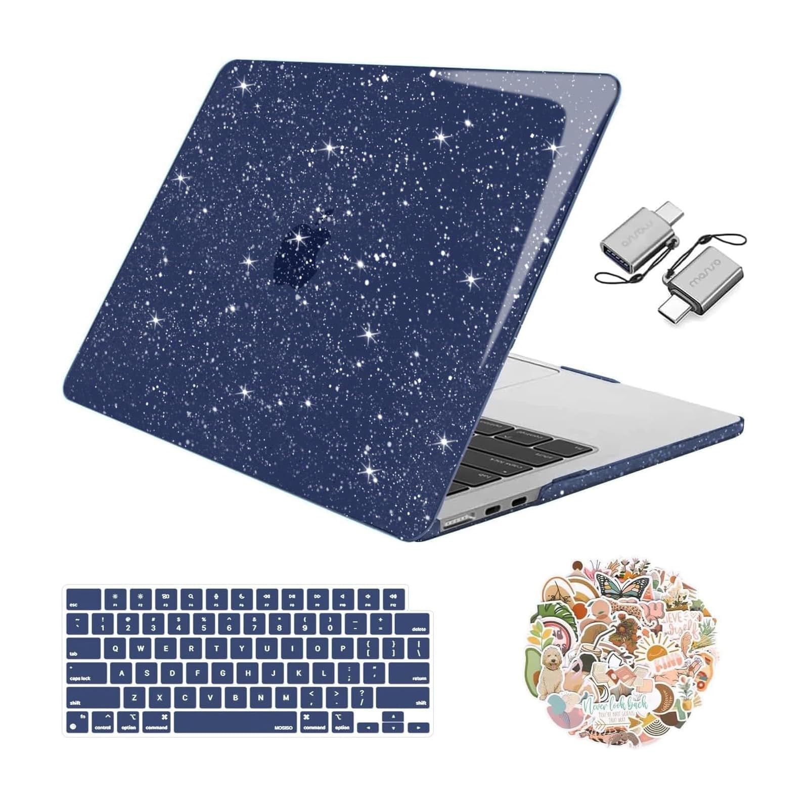 MOSISO Compatible with MacBook Air 13 inch Case 2025 2024 2023 2022 M4 A3240 M3 A3113 M2 A2681, Glitter Sparkly Plastic Hard Shell&Keyboard Cover&Decals&Type C for MacBook Air 13.6 inch, Navy Blue