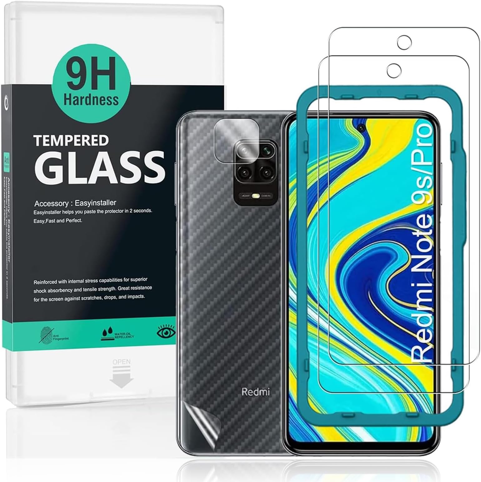 IBYWIND For Redmi Note 9S/Redmi Note 9 Pro Screen Protector, 2 Pack 9H Hardness Tempered Glass,With 1Pc Camera Lens Protector,1Pc Back Carbon Fiber Film,Easy to install