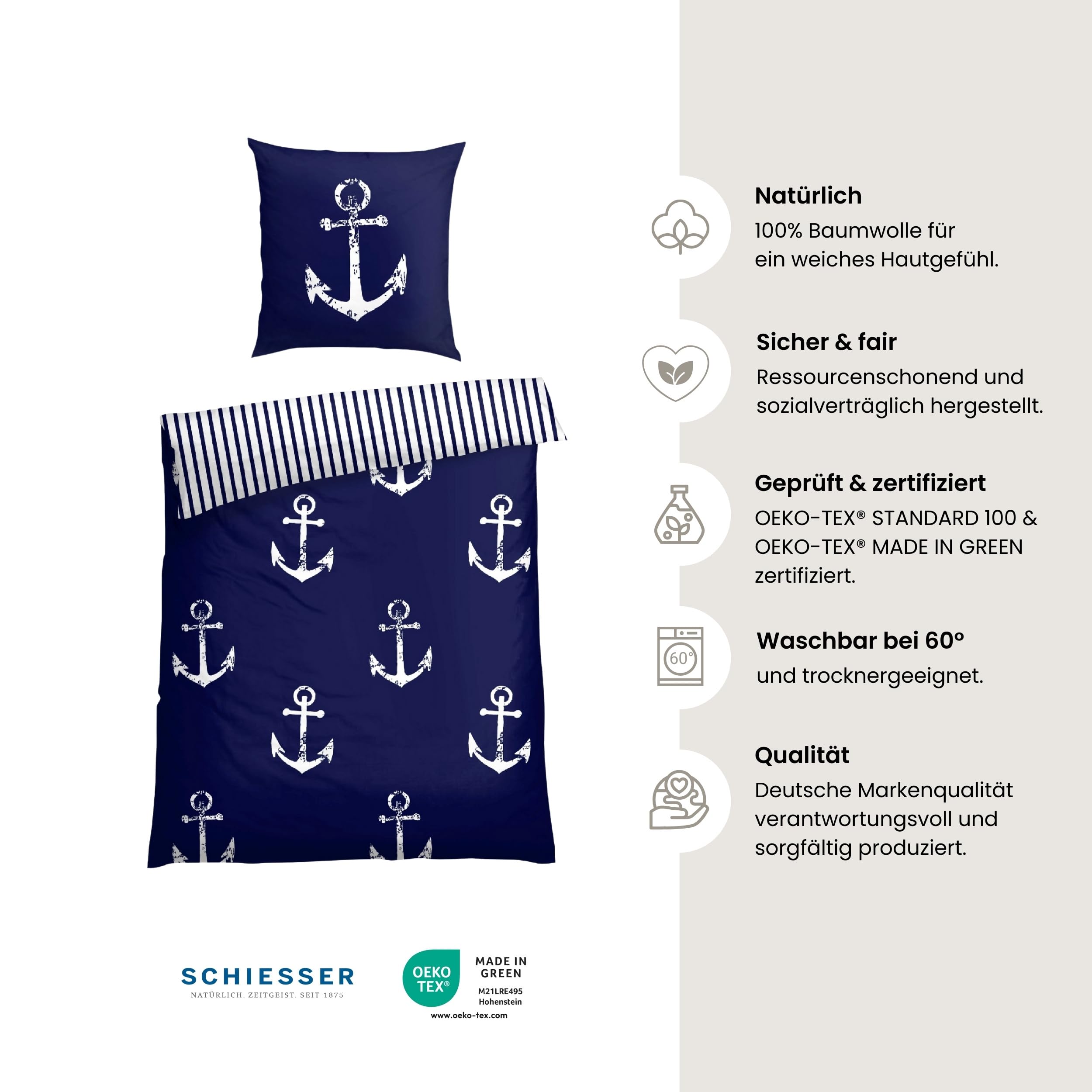 SSchiesser Bettwäscheset Marina | 2-teilig | Maritim | Renforcé | 100% Baumwolle | Oeko-Tex Zertifiziert | Reißverschluss | 155x220cm + 80x80cm | Dunkelblau