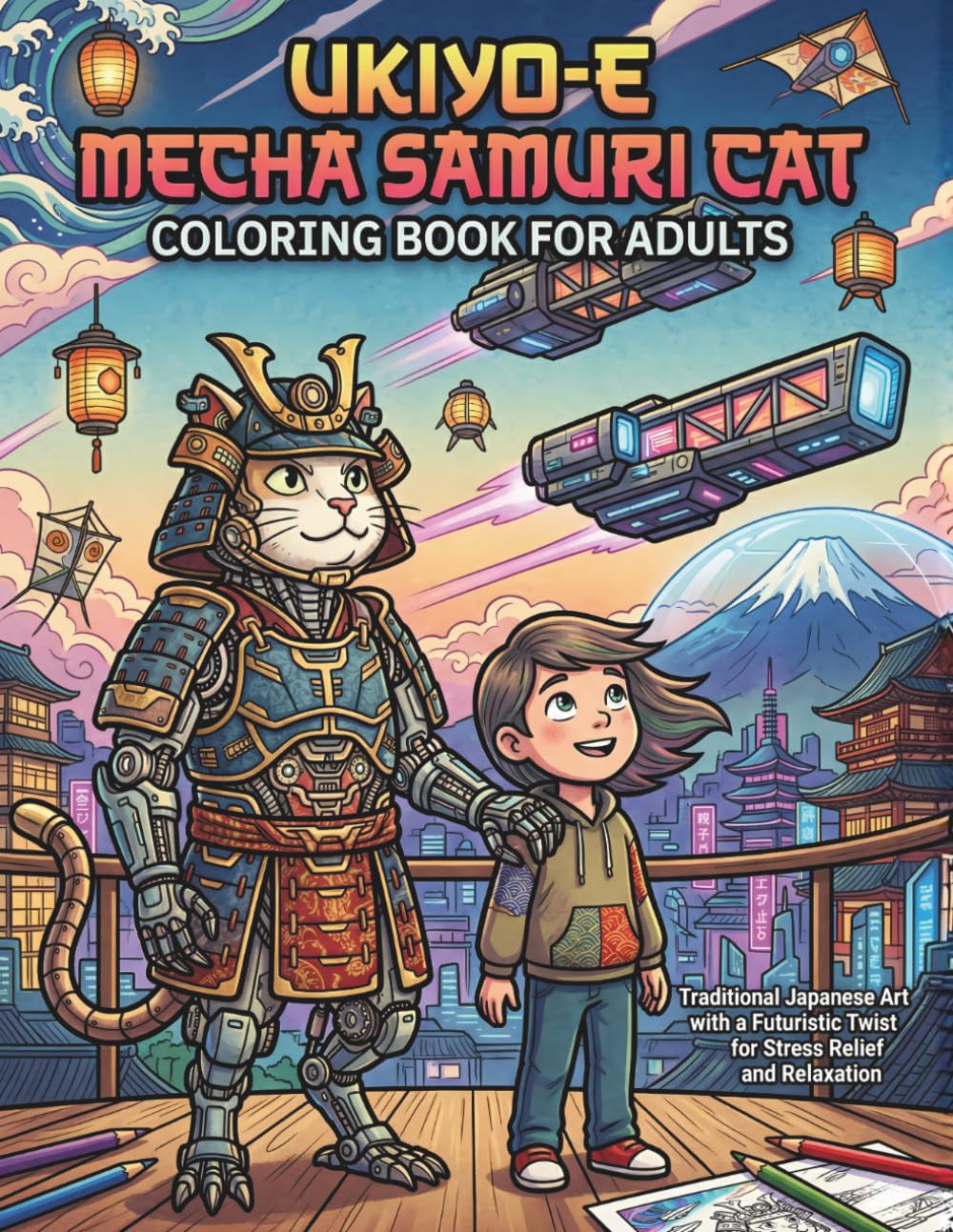 Ukiyo-e Mecha Samurai Cat Coloring Book for Adults: Traditional Japanese Art with a Futuristic Twist for Stress Relief and Relaxation