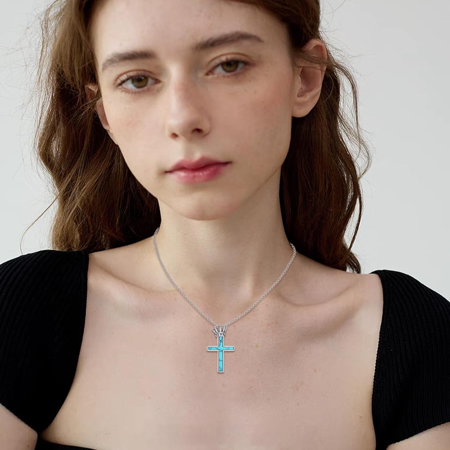 Cross Necklace with Crown 925 Sterling Silver Turquoise Cross Pendant Necklace Turquoise Jewelry Gifts for Men Women - Image 5