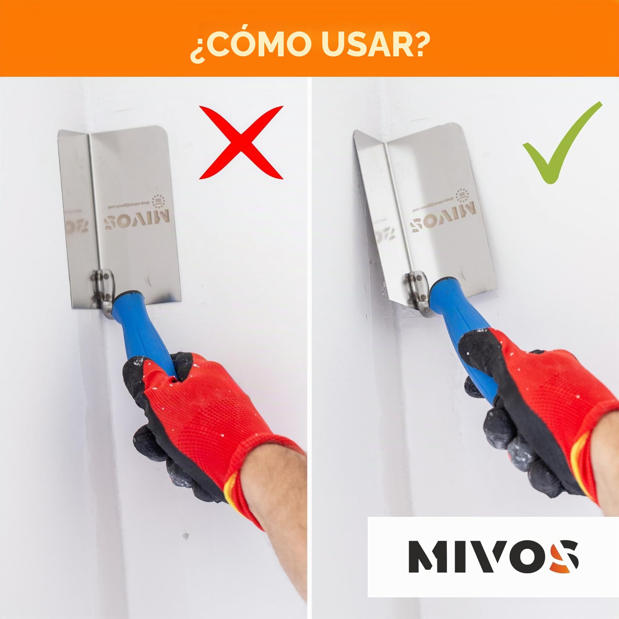 Mivos 2 paletas de esquina inoxidables de 120 x 60 mm – Paleta de esquina interior y exterior de acero inoxidable – Paleta de borde interior y exterior con mango suave – Espátula de esquina – Azul