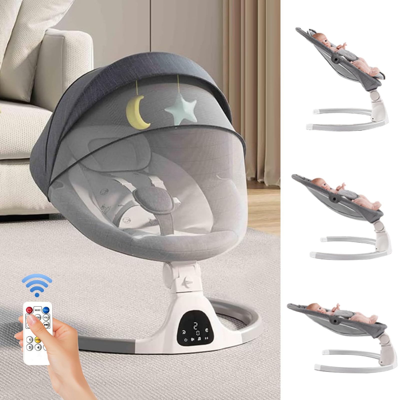 Ajustable Altura Baby Swings Bluetooth, altavoz de música de 5 velocidades con 12 canciones de cuna preestablecidas, control remoto para bebés de 5 a 20 meses, juegos de regalo para bebés (gris)