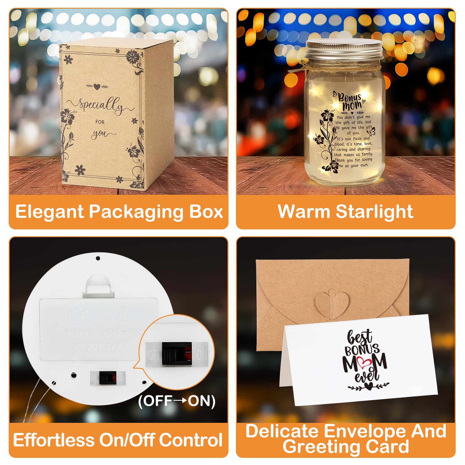 Bonus Mom Gifts Mason Jar Night Light for Mothers Day from Daughter Son,Step Mom Gifts,Birthday for Stepmom, Mother in Law Gifts