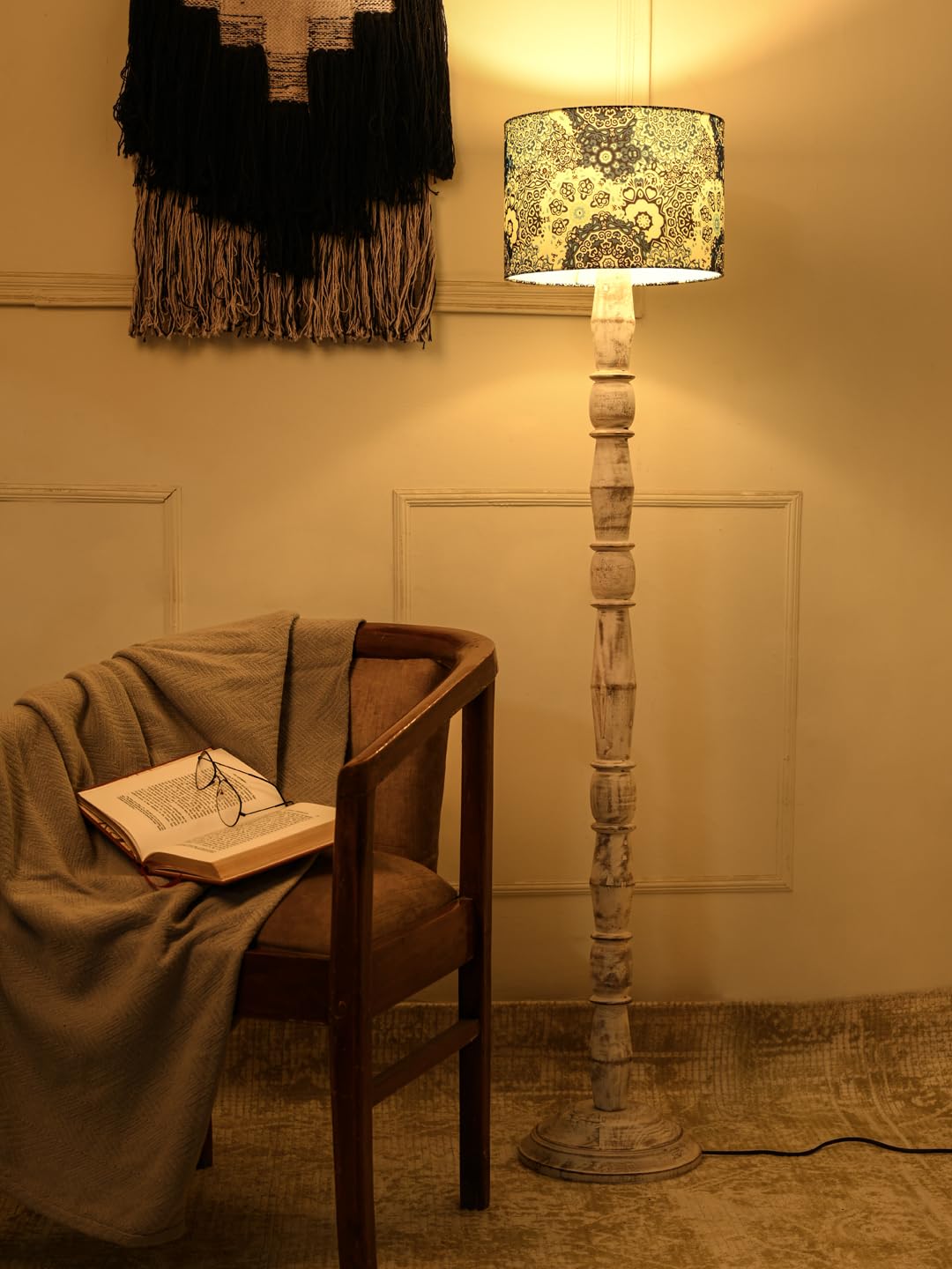 Green Girgit Wooden Distress White Floor Lamp with Blue Batik Multicolor Shade| Light Decoration for Home | Living Room & Bedside Lamp-image-49