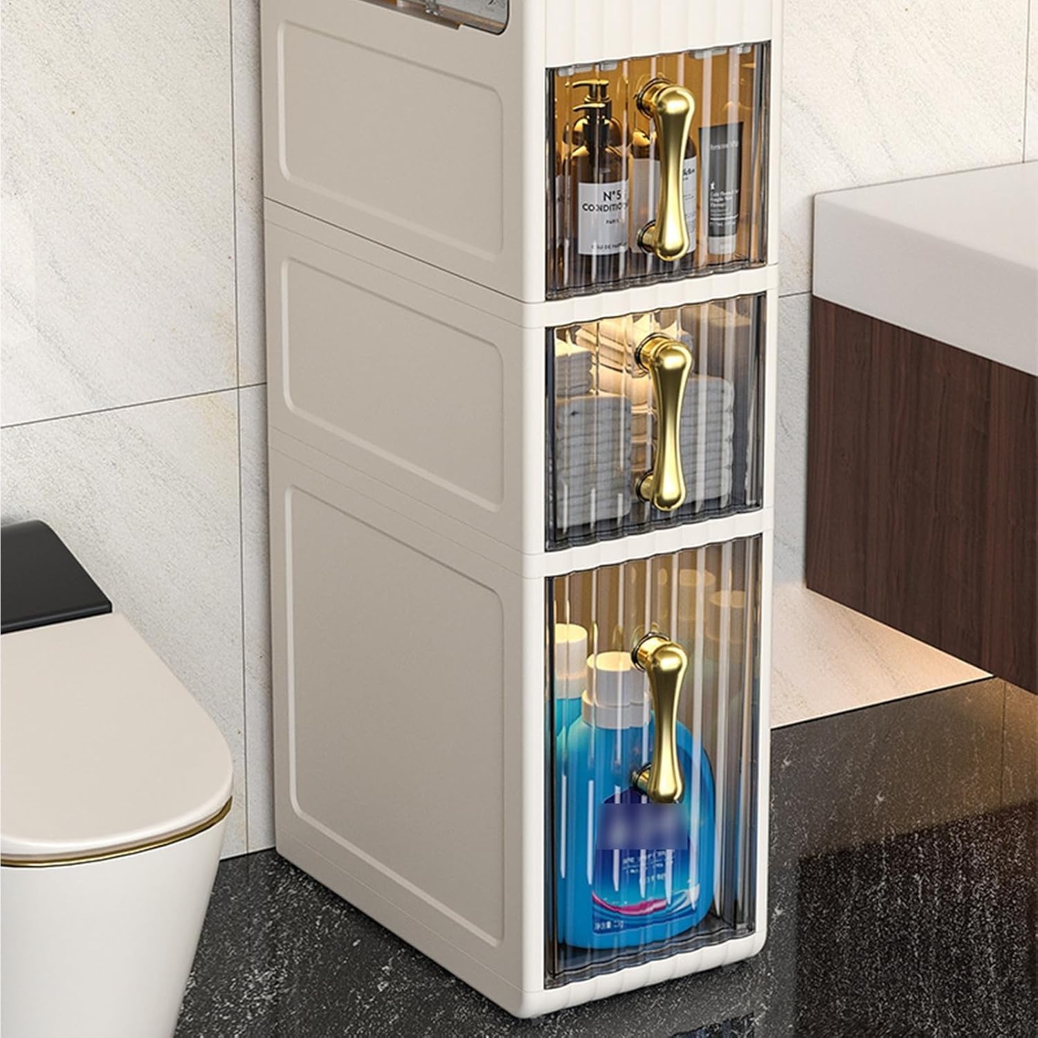 Storage Cabinet Slim Bathroom Free Standing Toilet Paper Holder Waterproof Organizer Narrow(Three Layer)