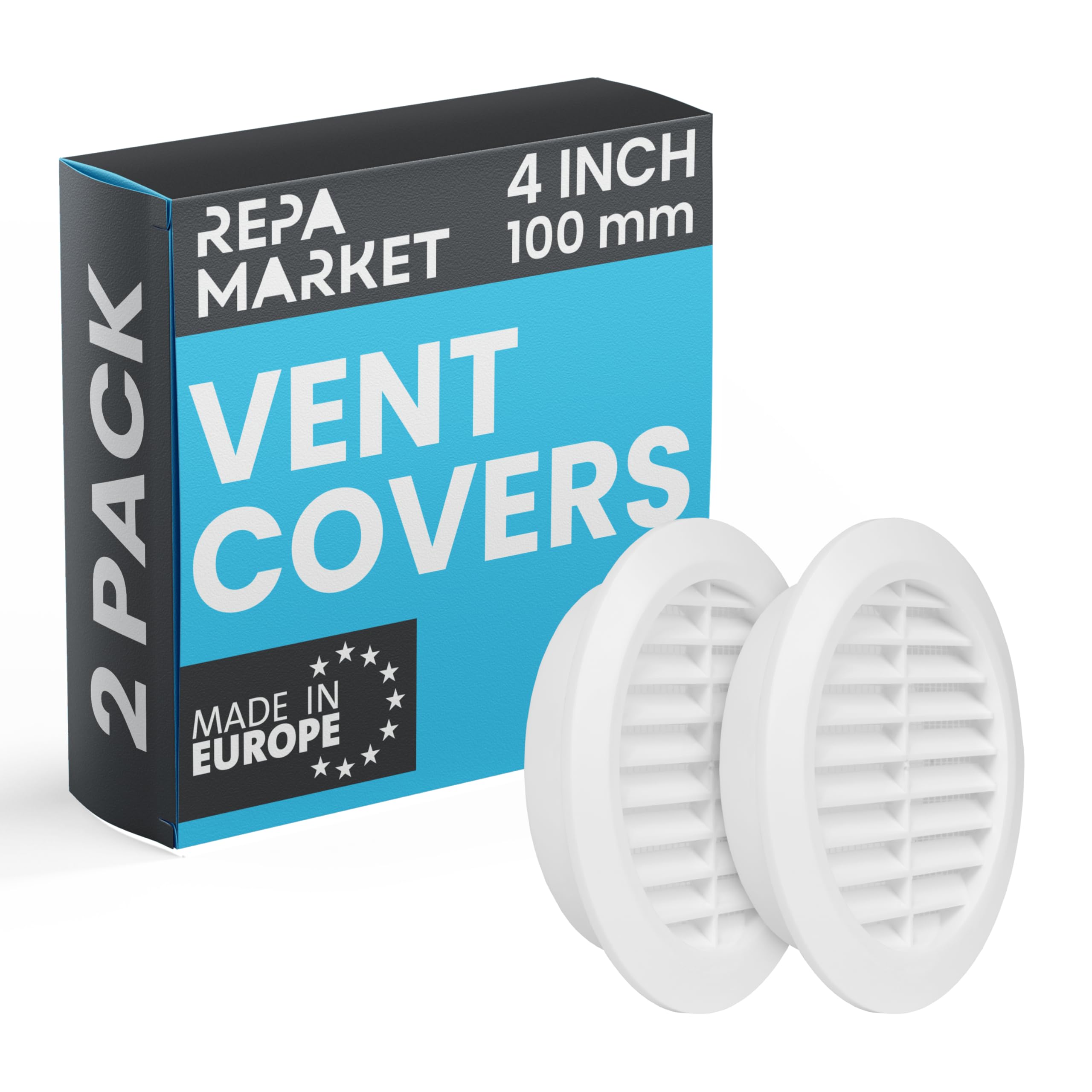 Repa Market 100mm Pack of 2 White Vent Cover with Mesh Screen - Plastic Soffit Ventilation Grill - Louvered Vent for Indoor, Outdoor Wall Ducting - HVAC Louvre Grille for Kitchen, Bathroom