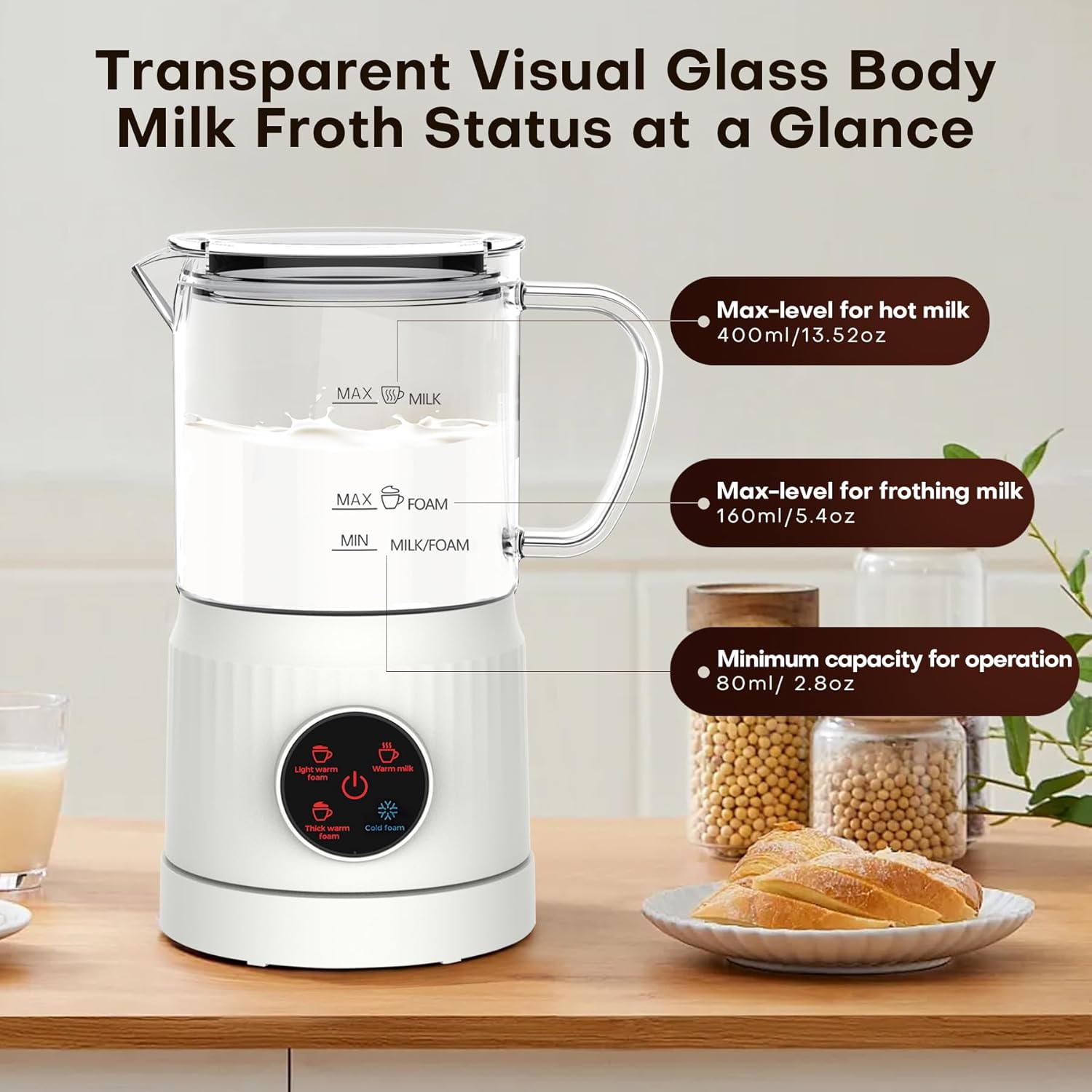 4-in-1 Milk Frother, Electric Milk Frother and Steamer with LED Touch Screen, Non-stick Bottom, Milk Warmer 13.52oz for Lattes, Cappuccinos, and Macchiatos at Home, White