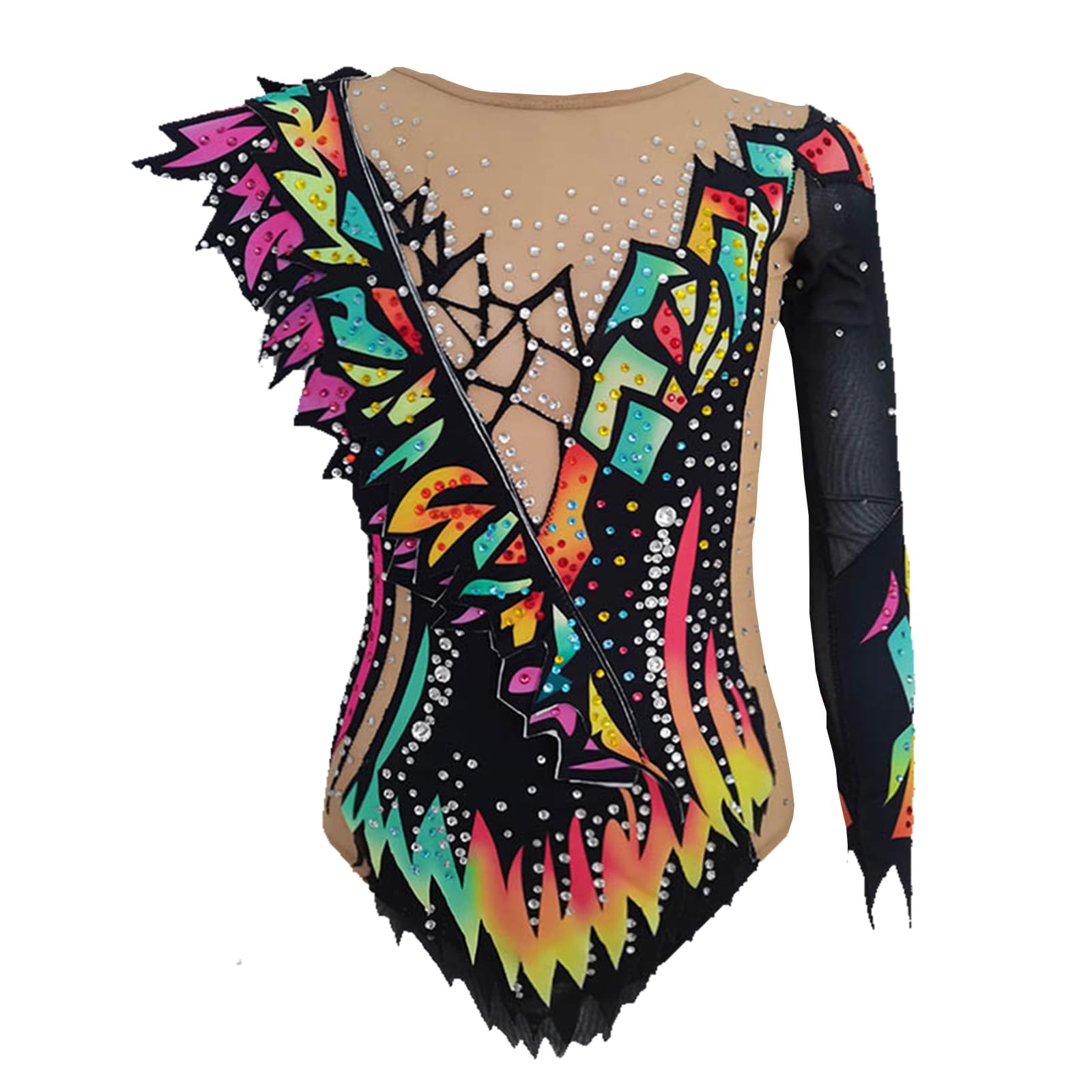 LIUHUO Maillot de gimnasia rítmica con estampado de color, mangas de malla negra, rendimiento de competición