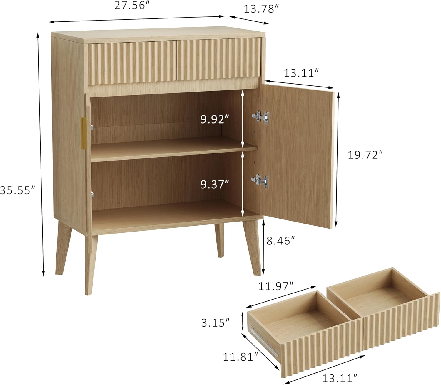 Sideboard Storage Cabinet with 2 Drawers & 2 Doors, Fluted Kitchen Buffet Cabinet with Adjustable Shelves, Coffee Bar Station for Living Room, Entryway, 13.8 x 27.6 x 35.6 in., Natural Wood