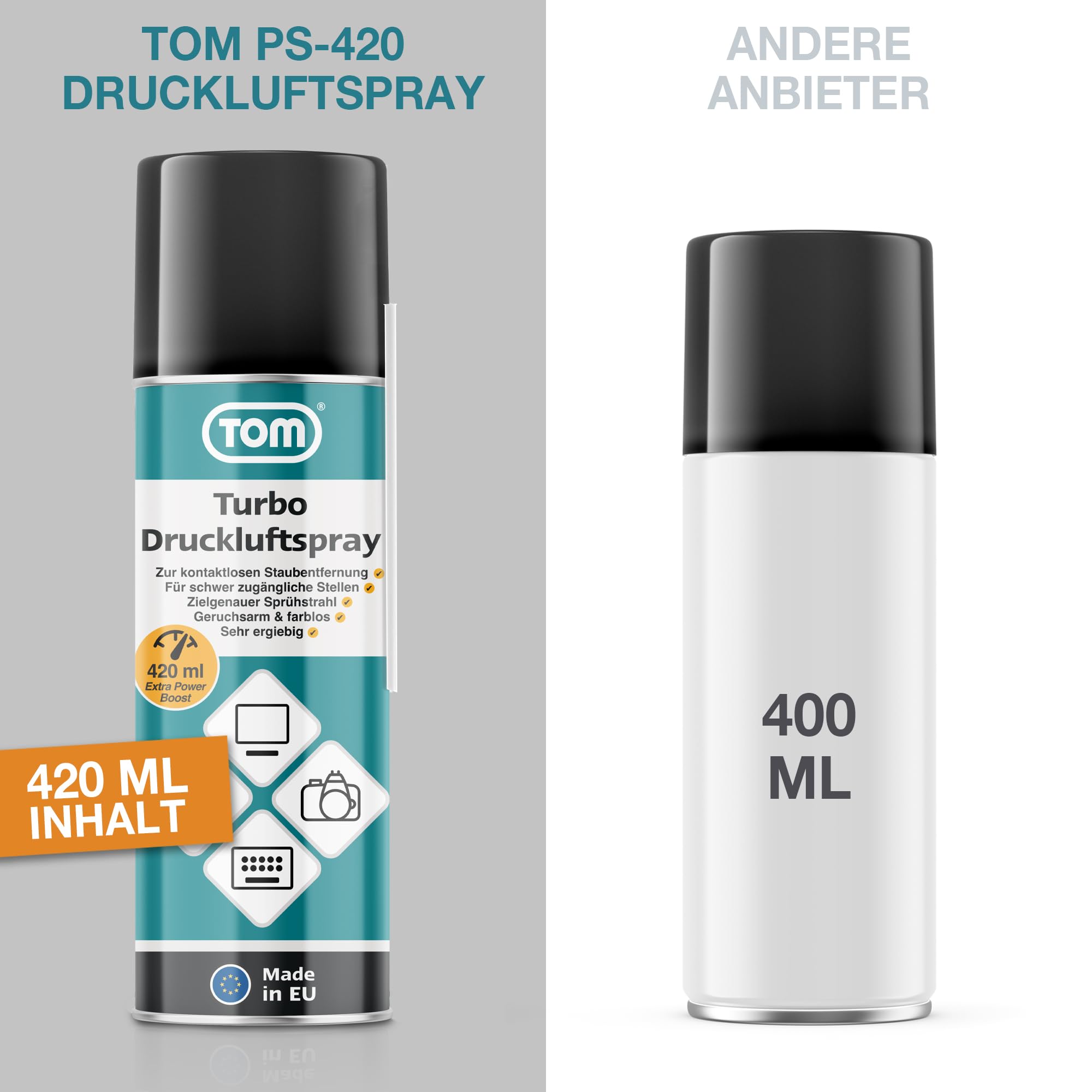 TOM 3 x oder 6 x 420 ml Power Druckluftspray – Air Duster – Reinigungsset mit 10 cm & 50 cm Sprühverlängerung – Druckluft aus der Dose – Reiniger für Tastatur, Laptop, Computer & co (6)
