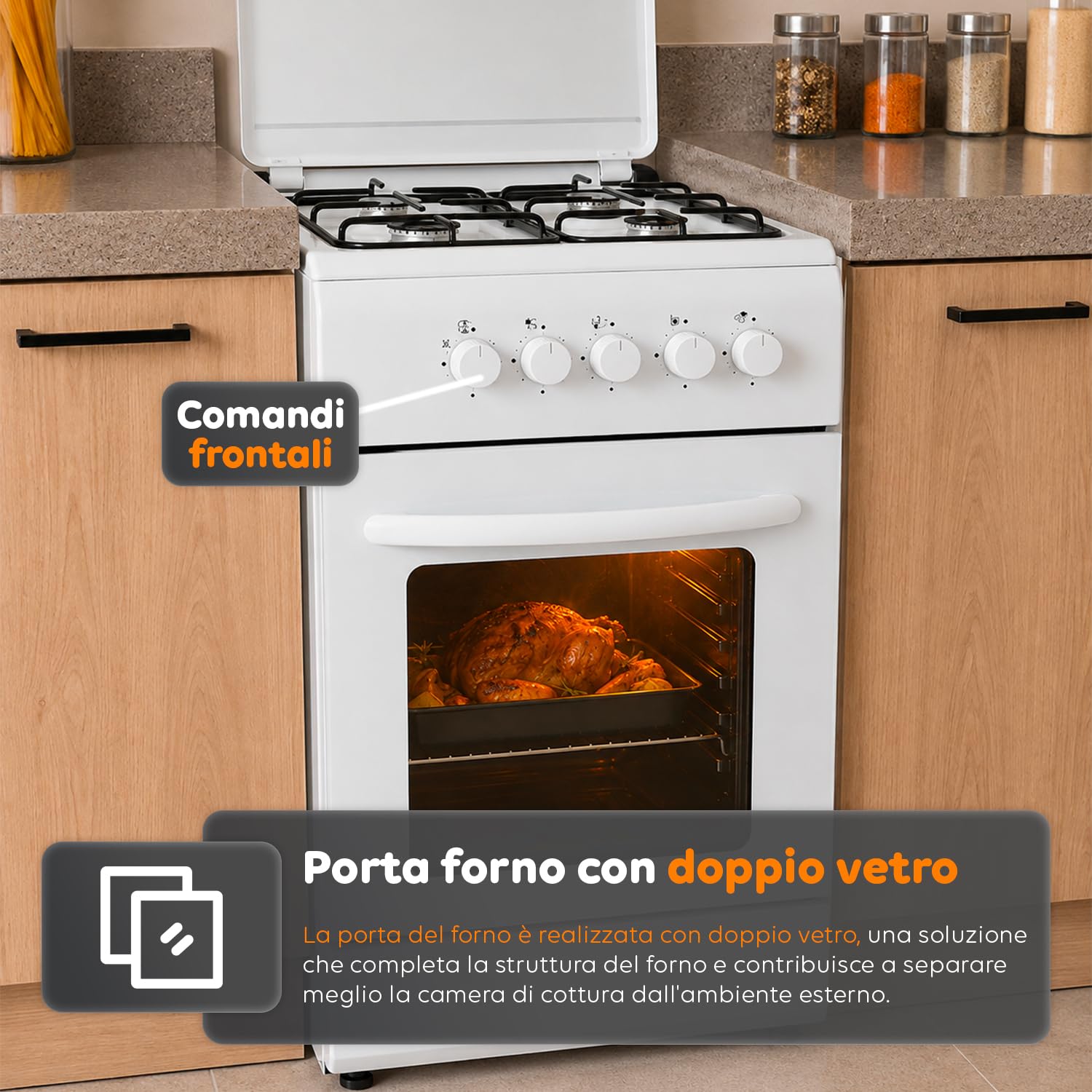 Cocina de gas de 50 x 50 cm con horno de gas de 49 litros y 4 fuegos de diferente potencia, cocina a gas libre instalación con válvulas de seguridad, tapa y parrillas esmaltadas (blanco)