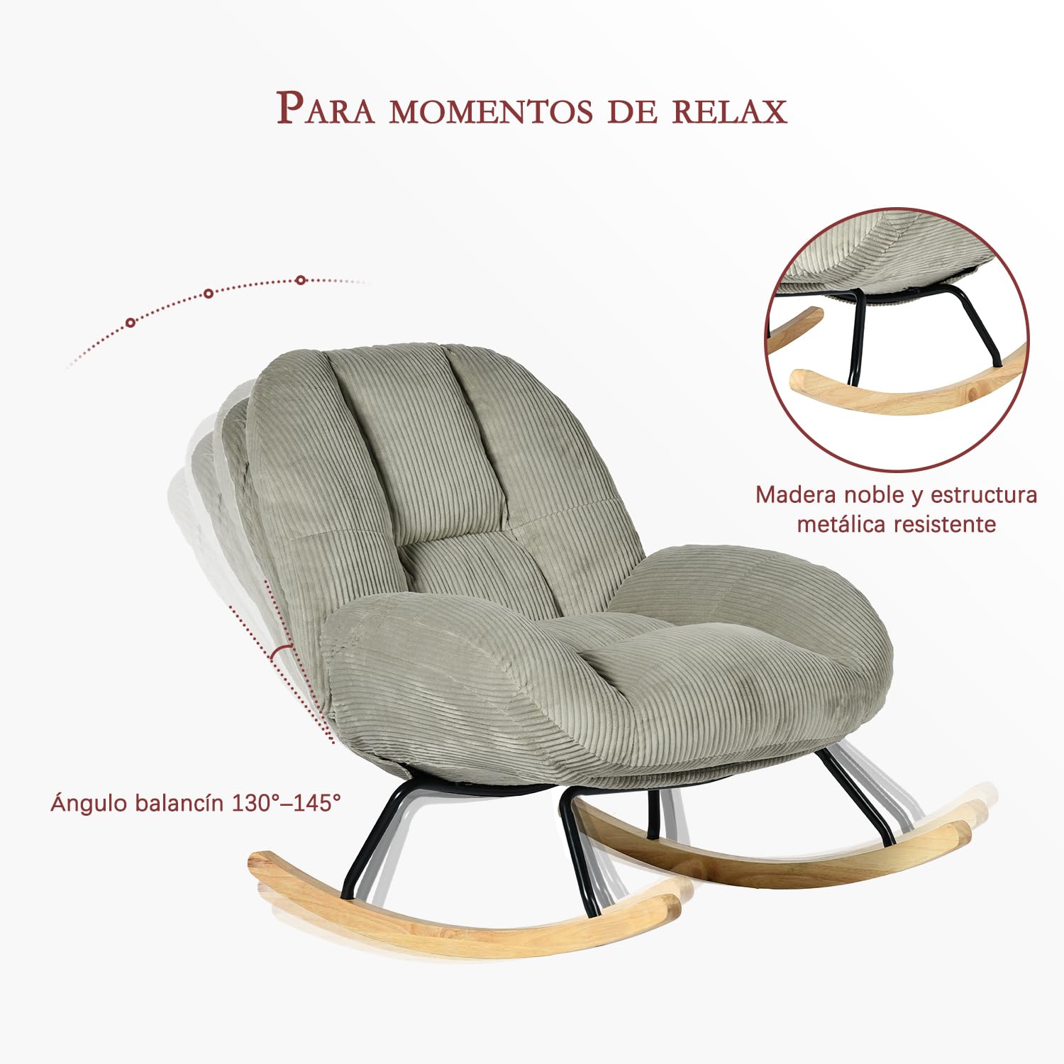 Sillas Mecedora Escandinavo Especial Lactancia Sillón Relax para Salón Dormitorio Lectura Sala de Estudio, Asiento Extra Ancho en Tela de Pana, Gris