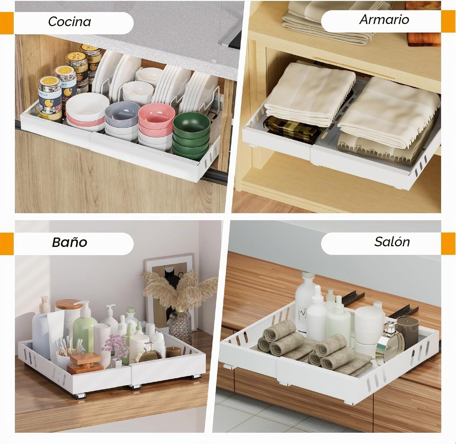 iHomara Paquete de 2 organizadores adhesivos extraíbles para armarios de cocina, cajones deslizables y estantes para la despensa, ancho ajustable de 32 a 53 cm