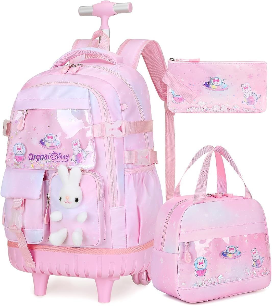 Rolling Backpack for Girls, Kawaii Bunny Roller Wheels School Backpacks with Lunch Bag Pencil case, Wheeled Suitcase Bookbag for Elementary Travel Dreamy-Pink