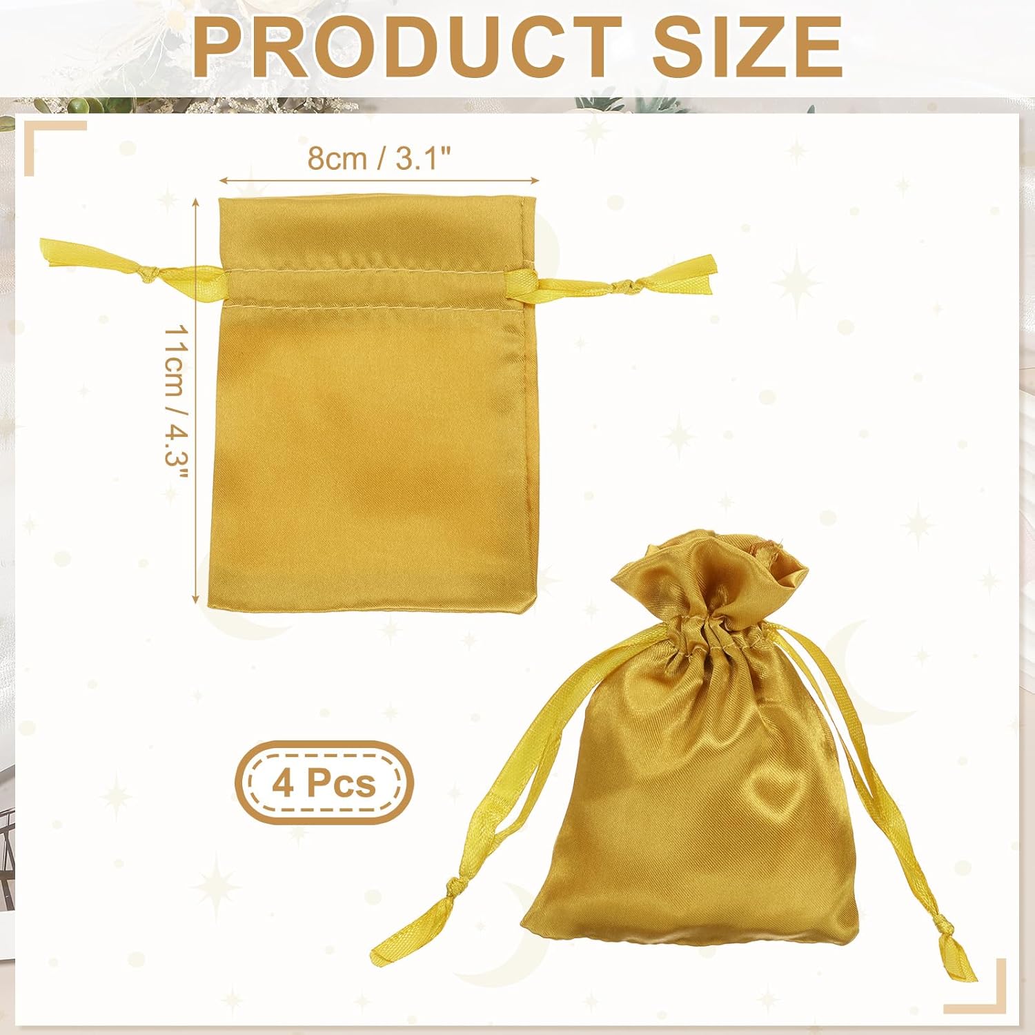 MECCANIXITY Satin Bags with Drawstring, 3x4 Inch Wedding Favor Bag Mini Gift Packaging Bag for Birthday Christmas Jewelry Party (Gold, Pack of 4) - Image 2